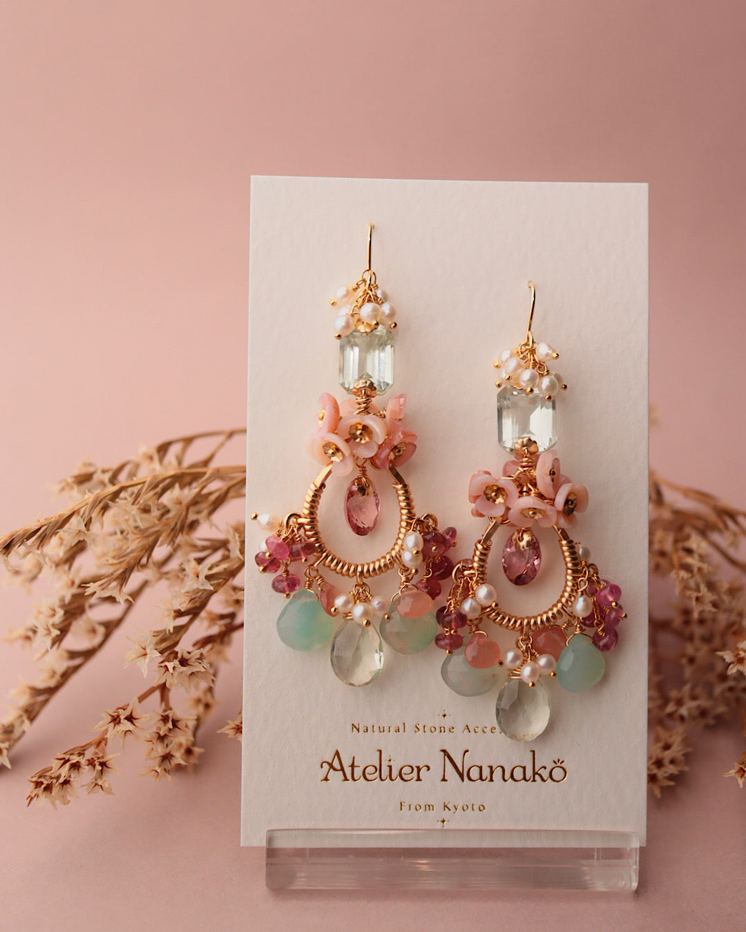 Pink tourmaline and green stone chandelier earrings