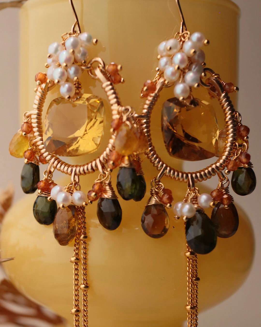 [One-of-a-kind] Lemon Quartz and Tourmaline Chandelier Earrings