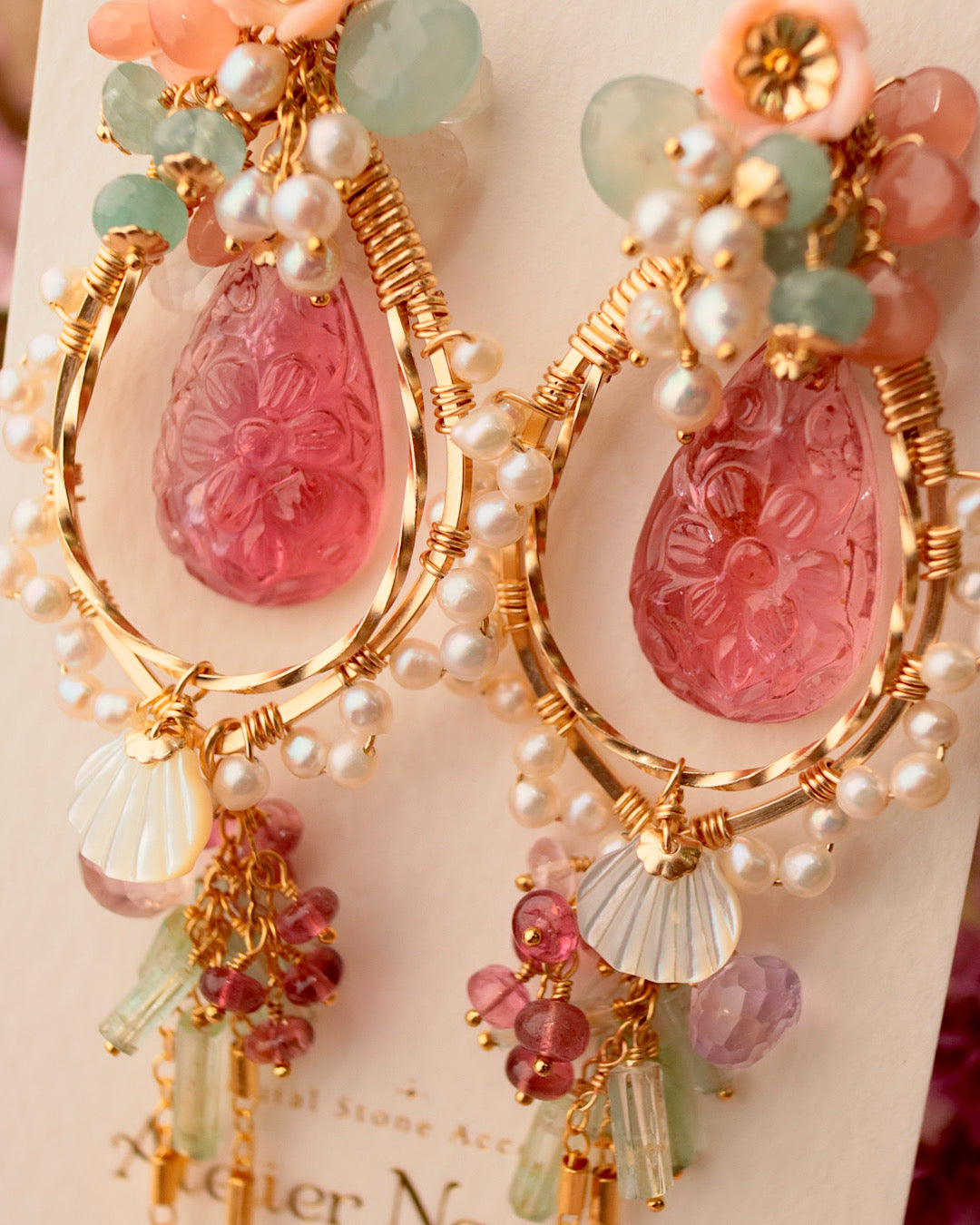 [One-of-a-kind] Flower carving tourmaline chandelier earrings