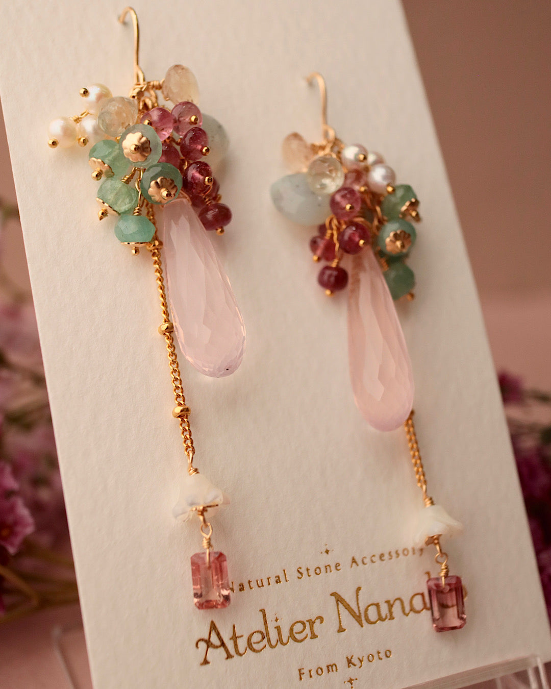 [One-of-a-kind] Pink tourmaline and rose quartz earrings