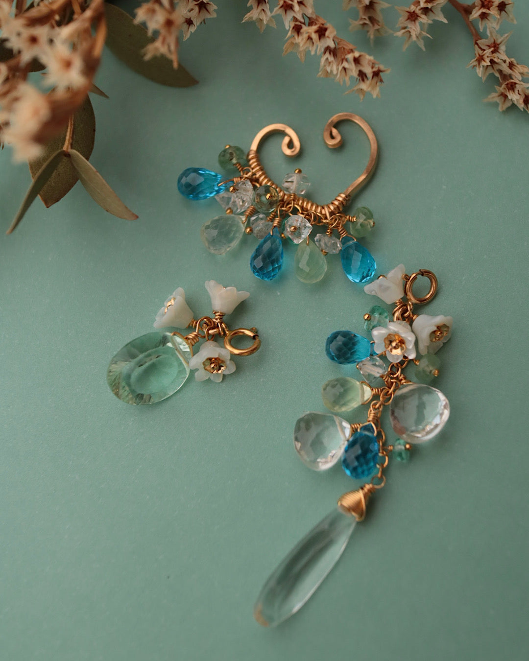 Swiss blue topaz and green fluorite ear cuff