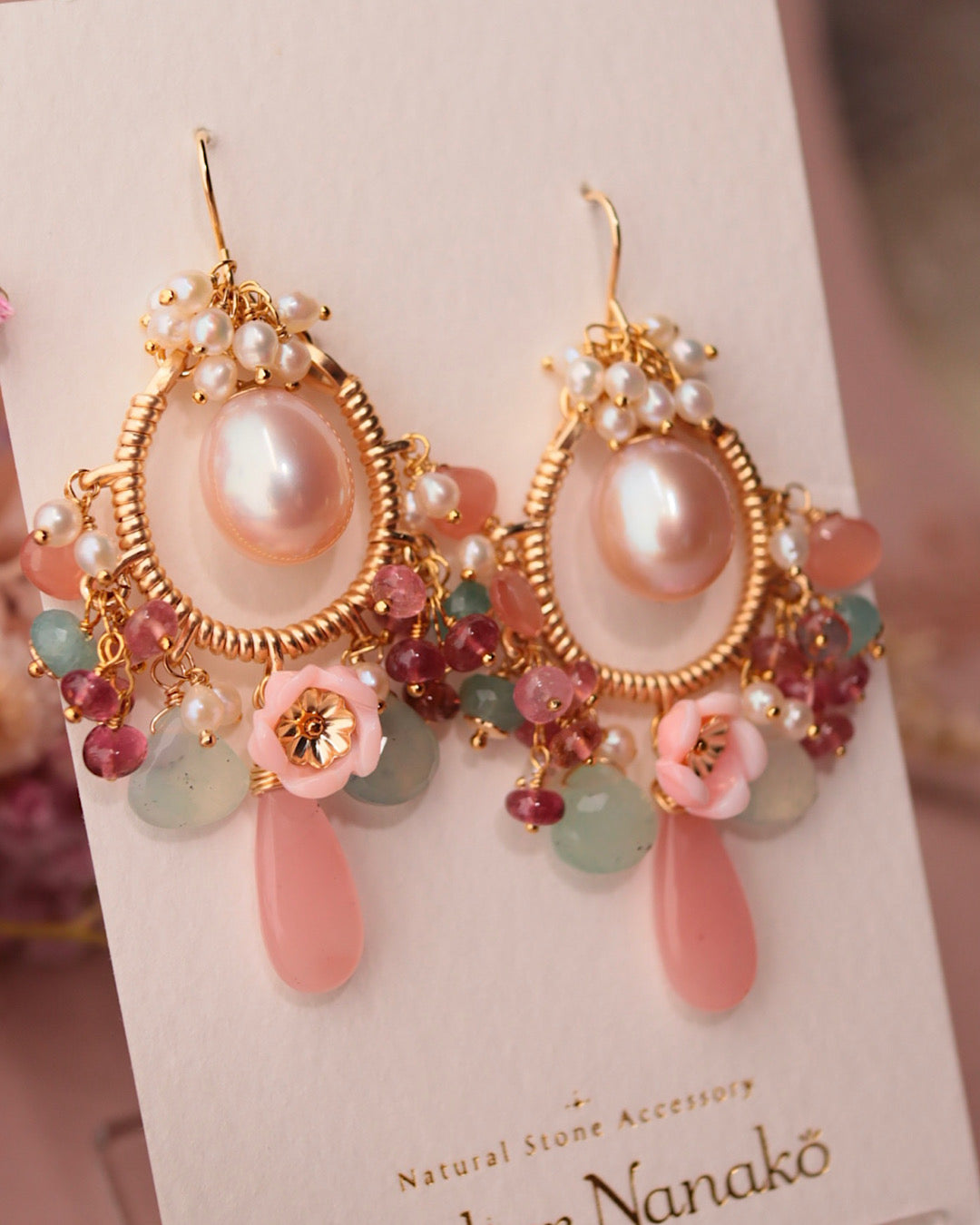 Romantic-hued chandelier earrings with large freshwater pearls