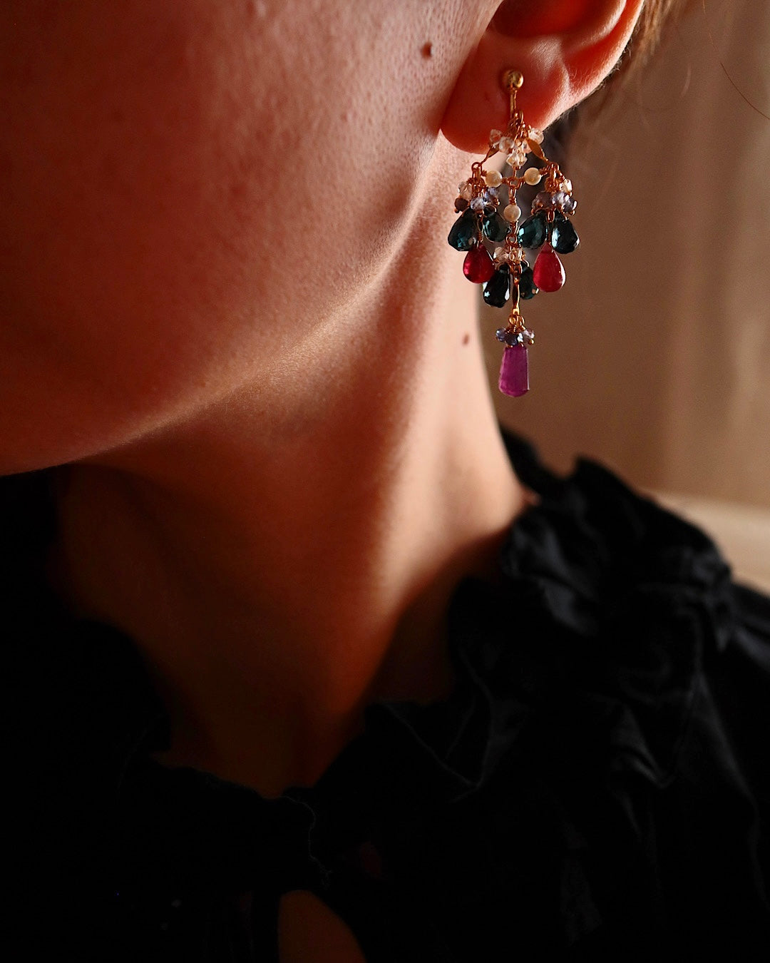 [Stories in Red] Ruby and London Blue Topaz Chandelier Earrings