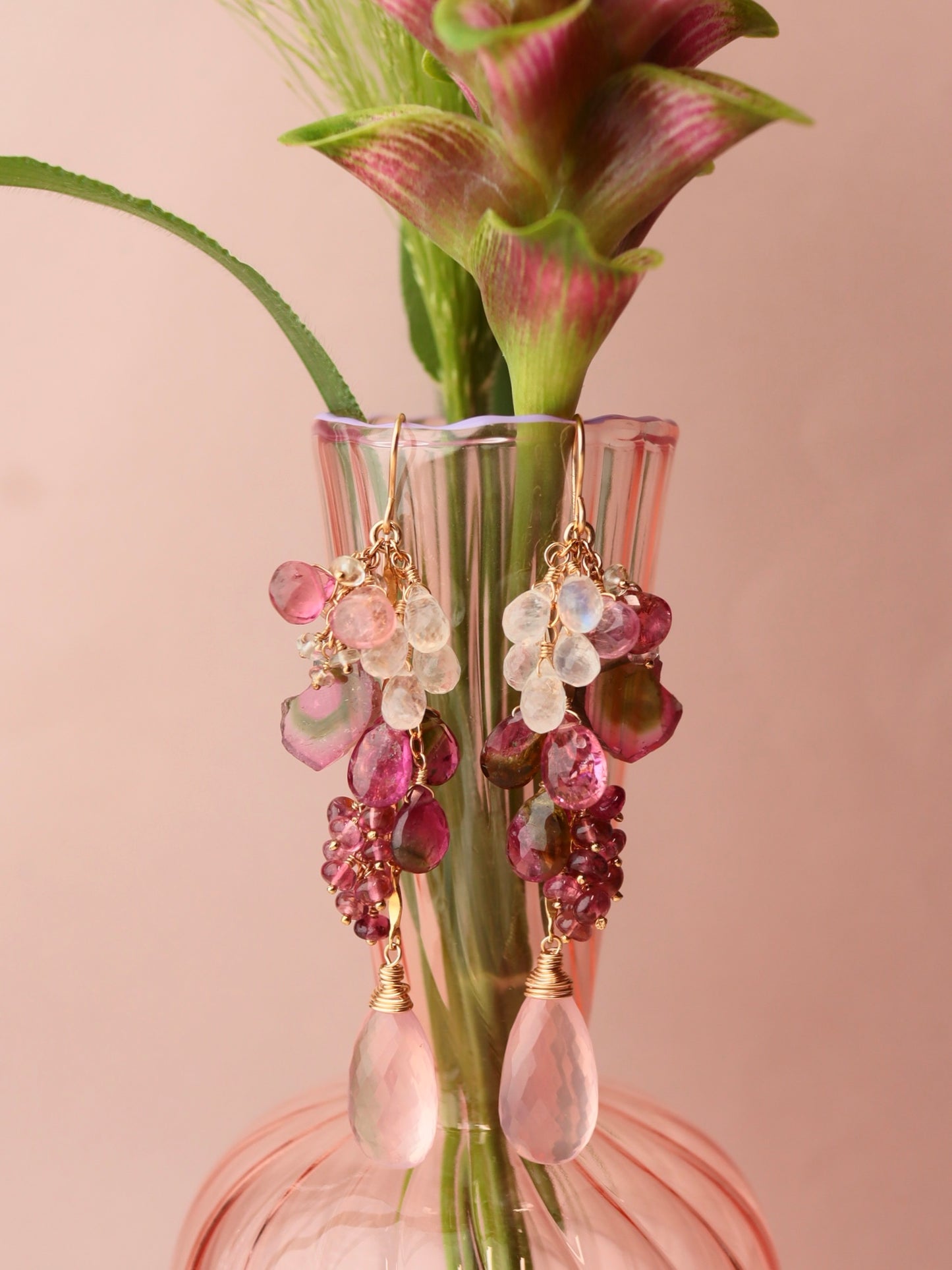 [One of a kind] Watermelon tourmaline and pink stone earrings