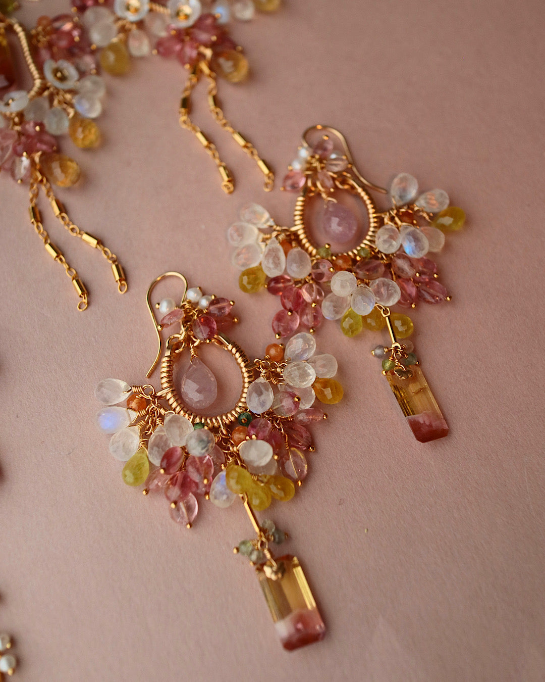 [One-of-a-kind / Round type] Pink x Yellow Bicolor Tourmaline Chandelier Earrings