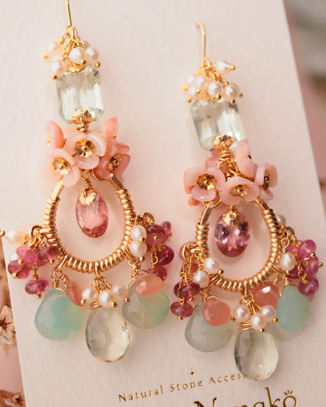 Pink tourmaline and green stone chandelier earrings