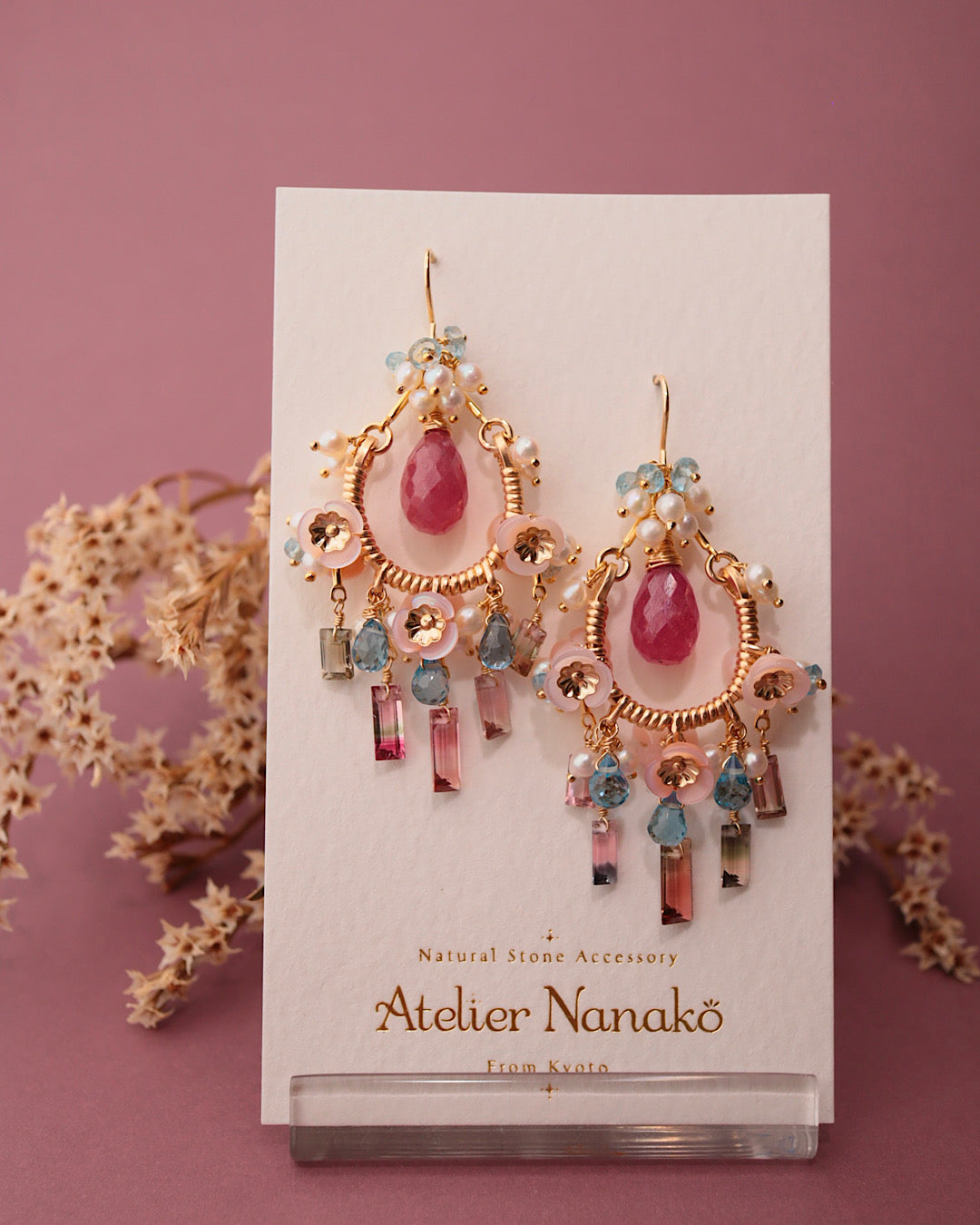Pink sapphire and bicolor tourmaline chandelier earrings