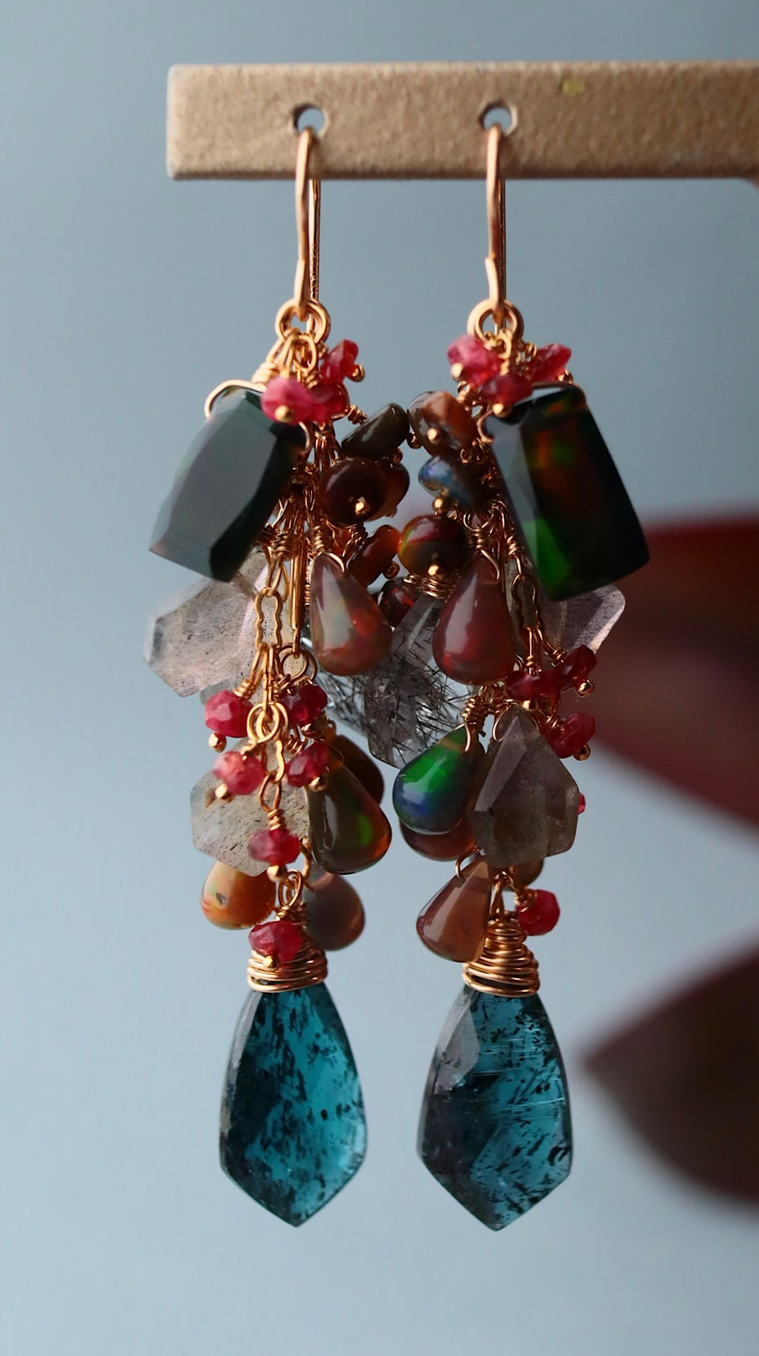 [The Lady with the Black Eyepatch] Black opal and deep blue kyanite long earrings