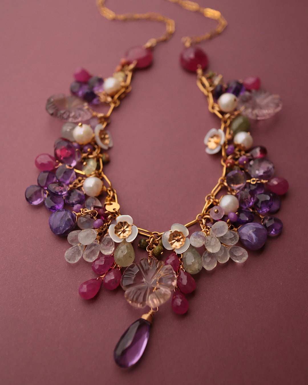 [One-of-a-kind] Pink sapphire and carved ametrine necklace