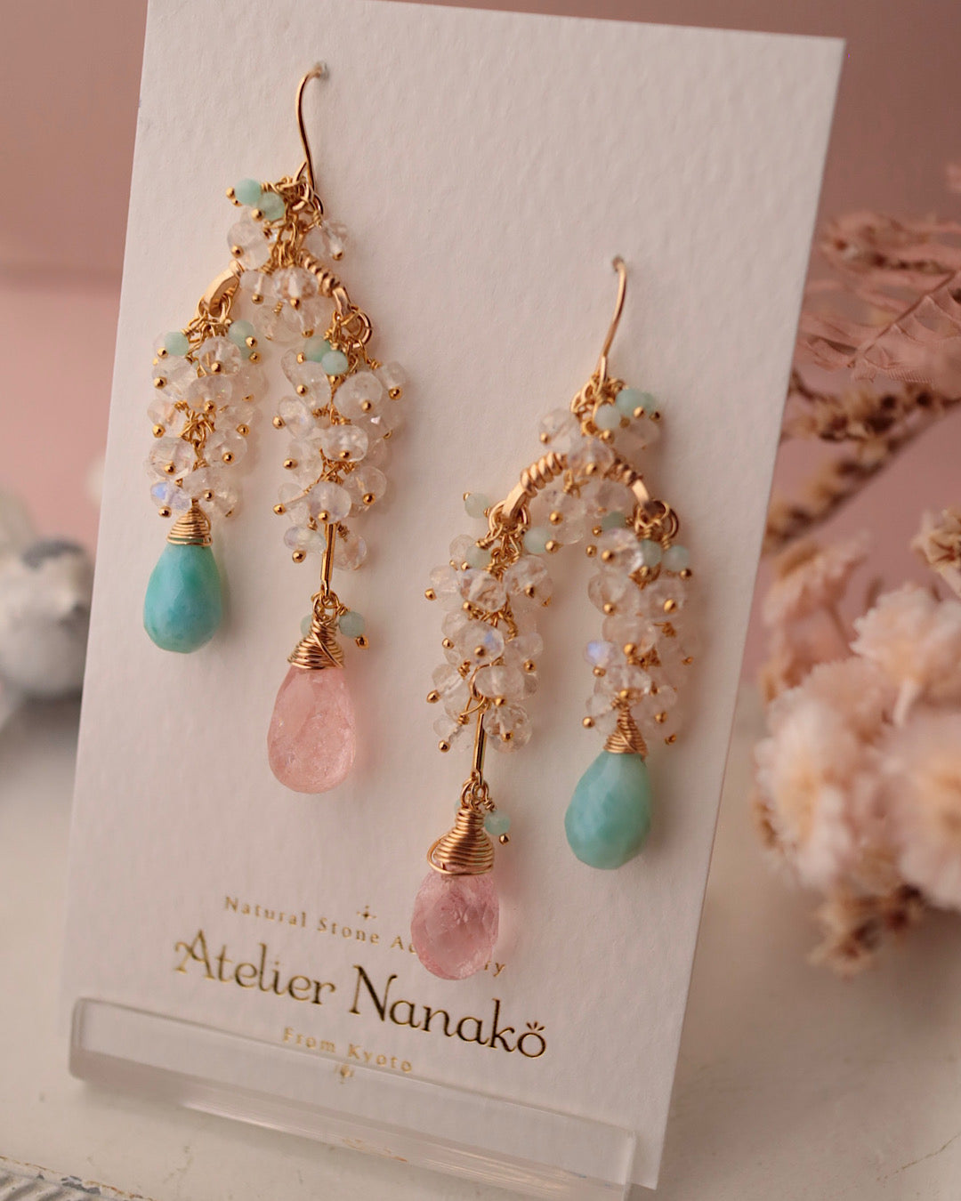 [One-of-a-kind] Morganite and Larimar Long Drop Earrings