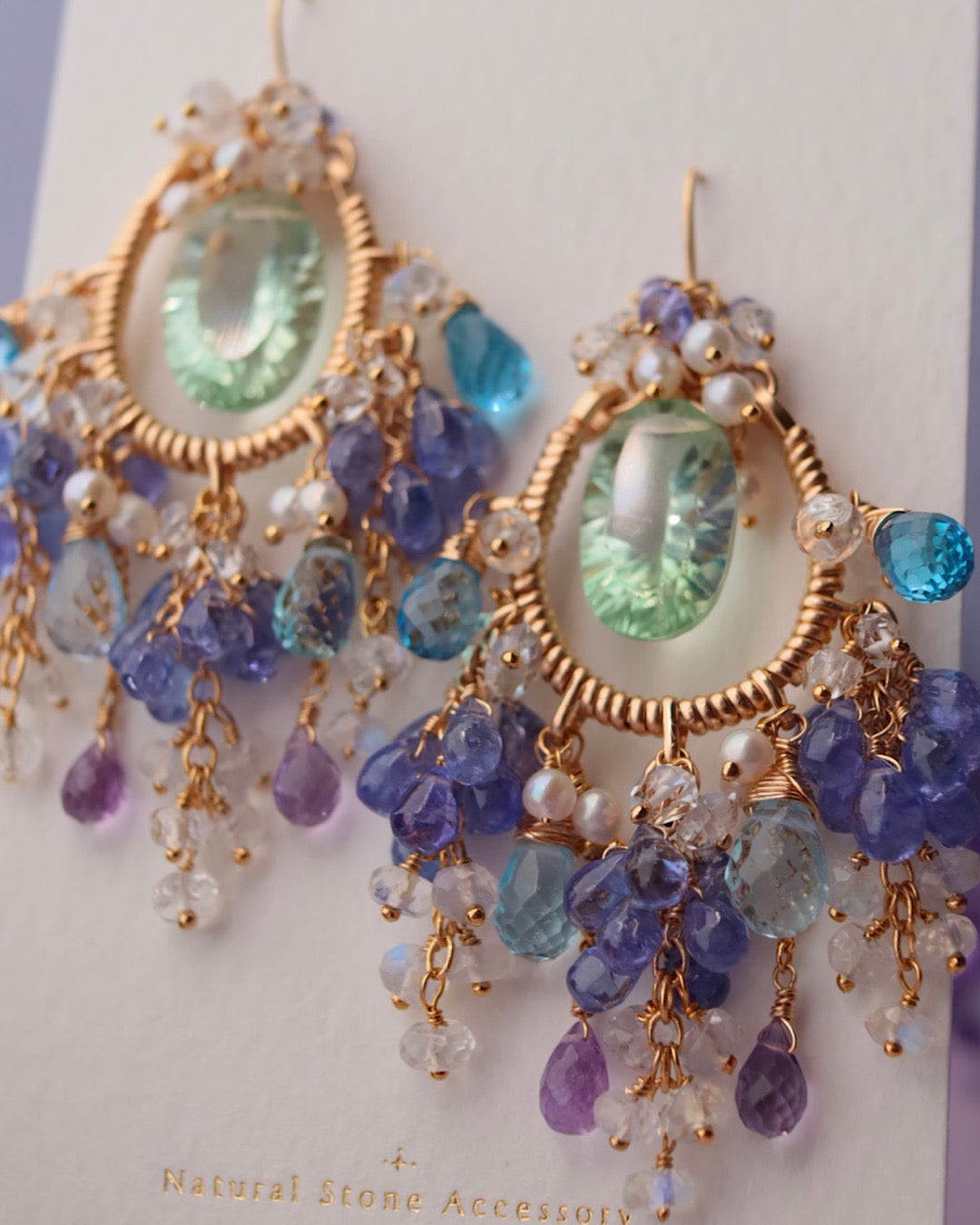 [One-of-a-kind] Chandelier earrings with fluorite and blue stones