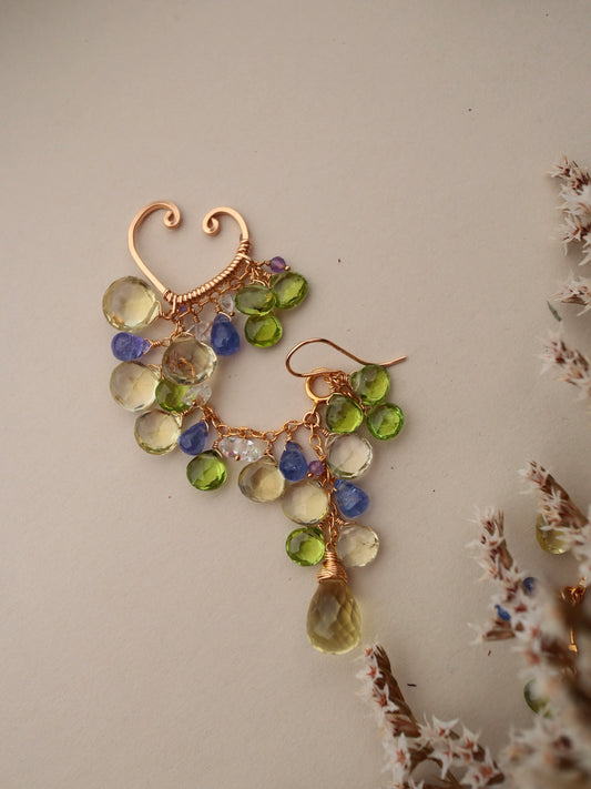 【Pre-order sale】[3WAY ear cuff] Tanzanite and lemon quartz ear cuff (pierce/earring integrated)
