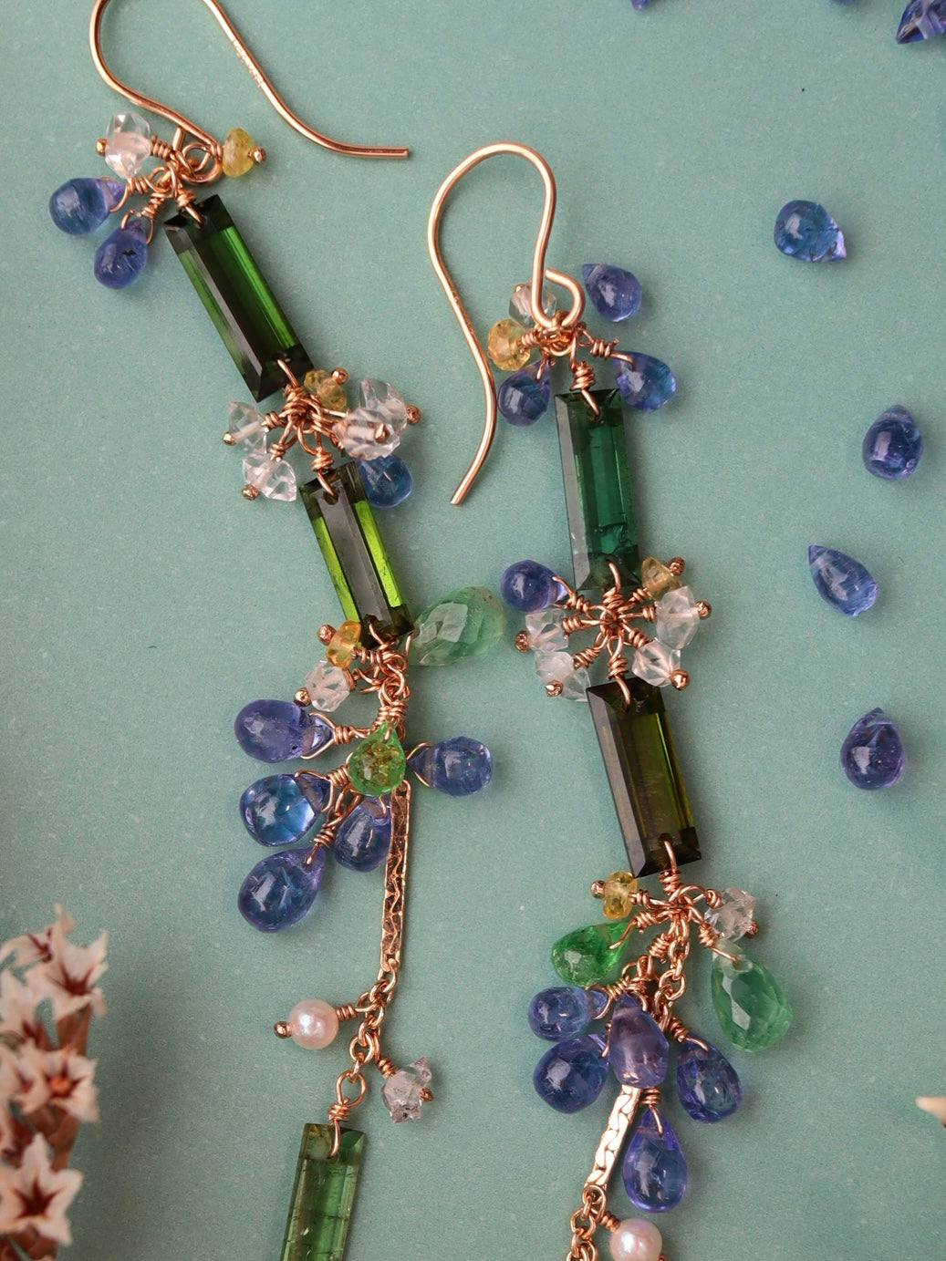 ②Green tourmaline and tanzanite earrings