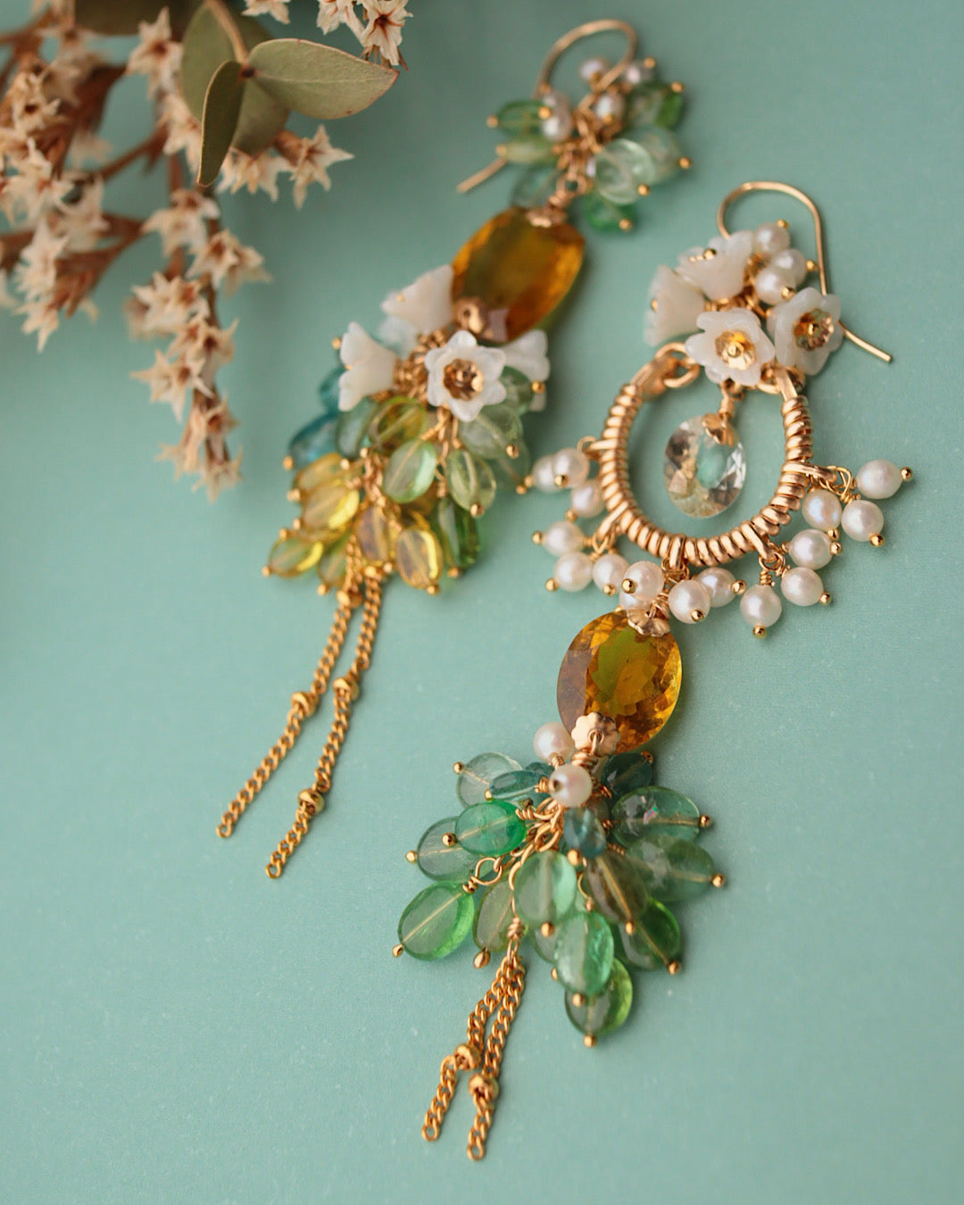 [One-of-a-kind] Asymmetrical yellow tourmaline earrings