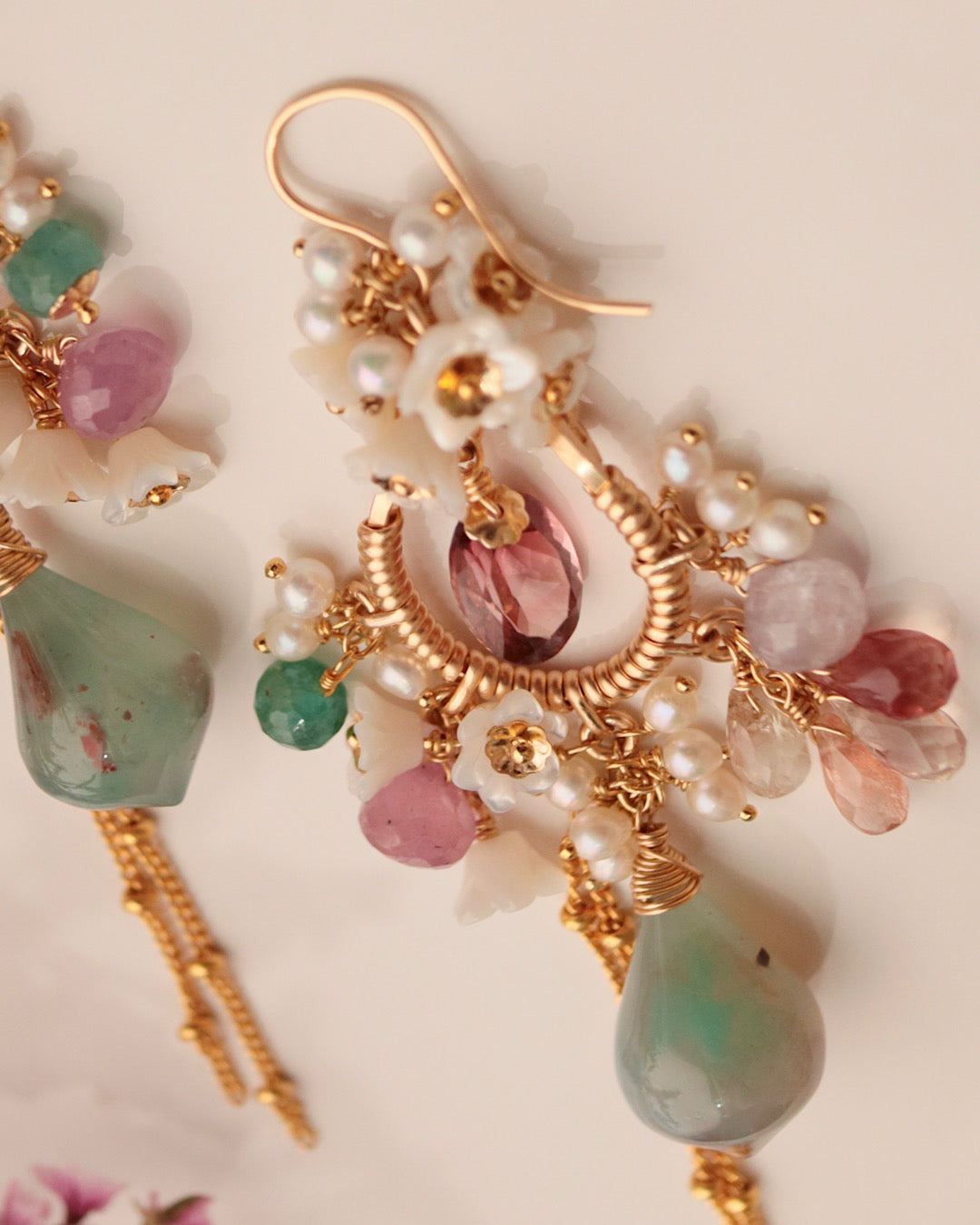 [One-of-a-kind] Tourmaline and Aquaprase Chandelier Earrings