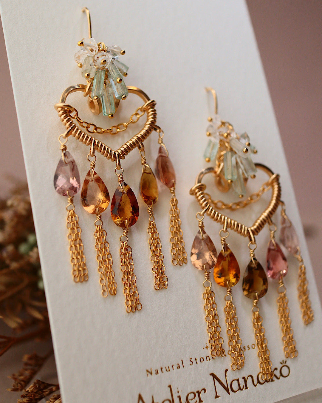 [One of a kind] Brown tourmaline heart chandelier earrings