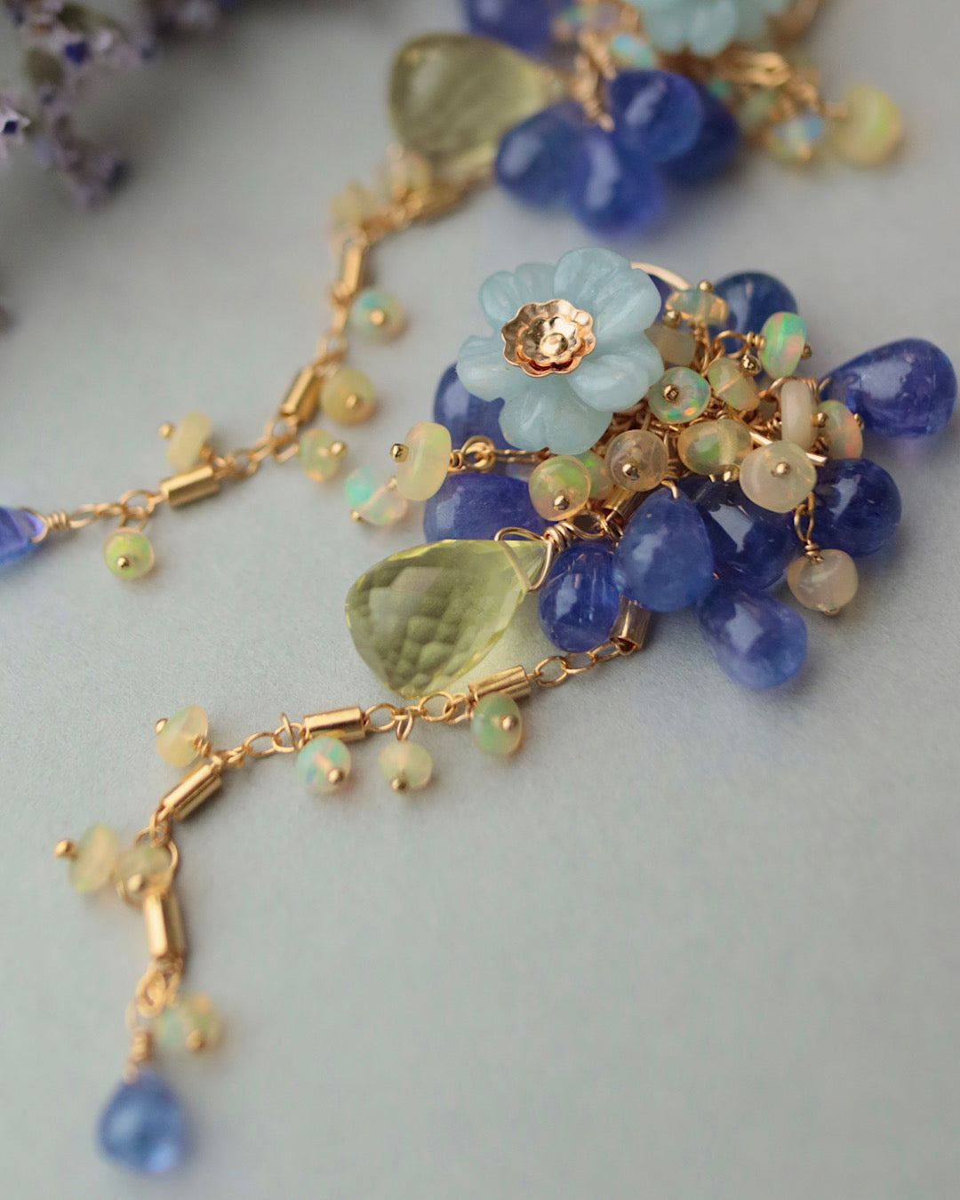 【Aqua Bloom】Aquamarine flower and tanzanite earrings