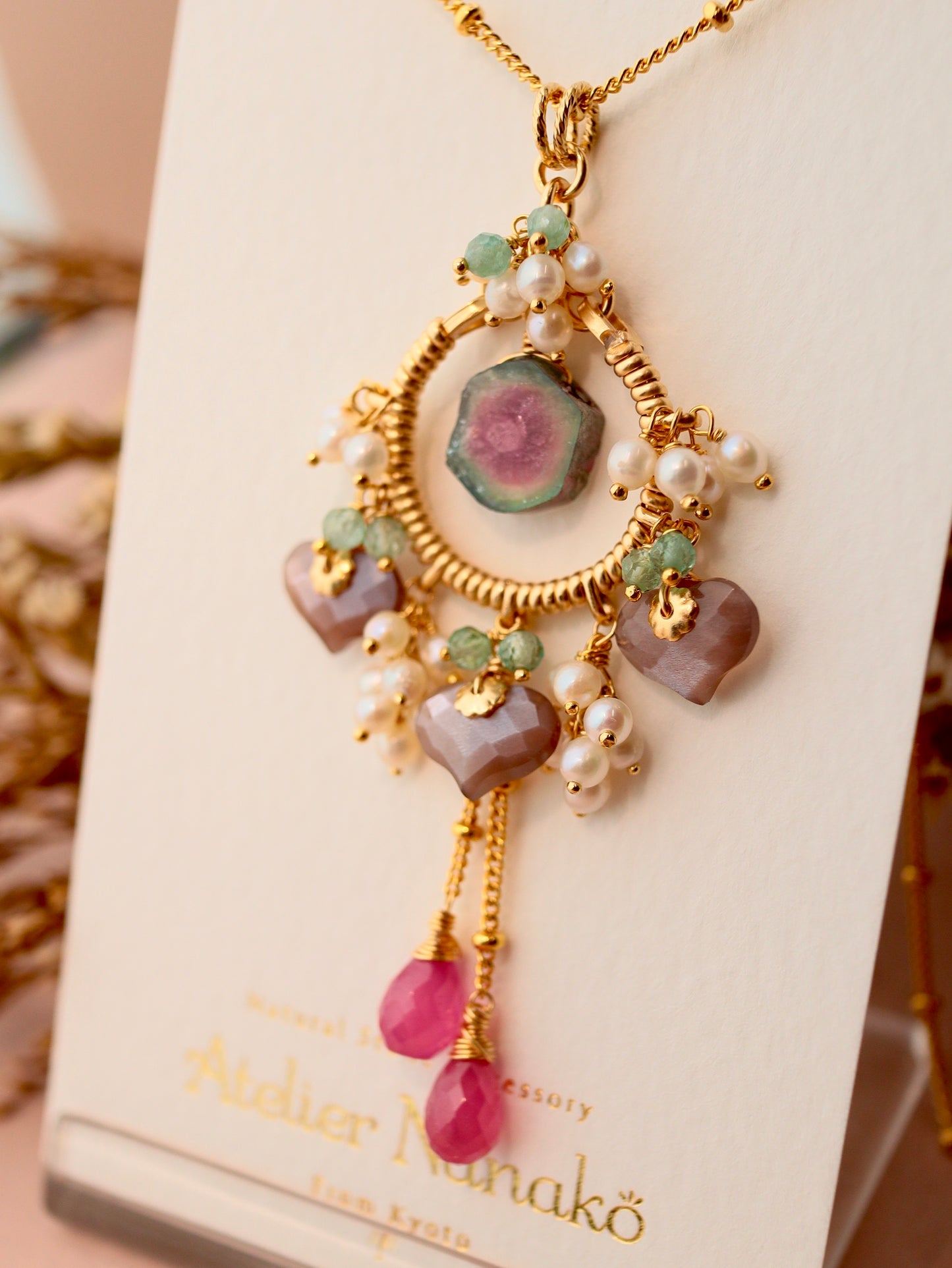 [One of a kind] Watermelon tourmaline and chocolate moonstone necklace