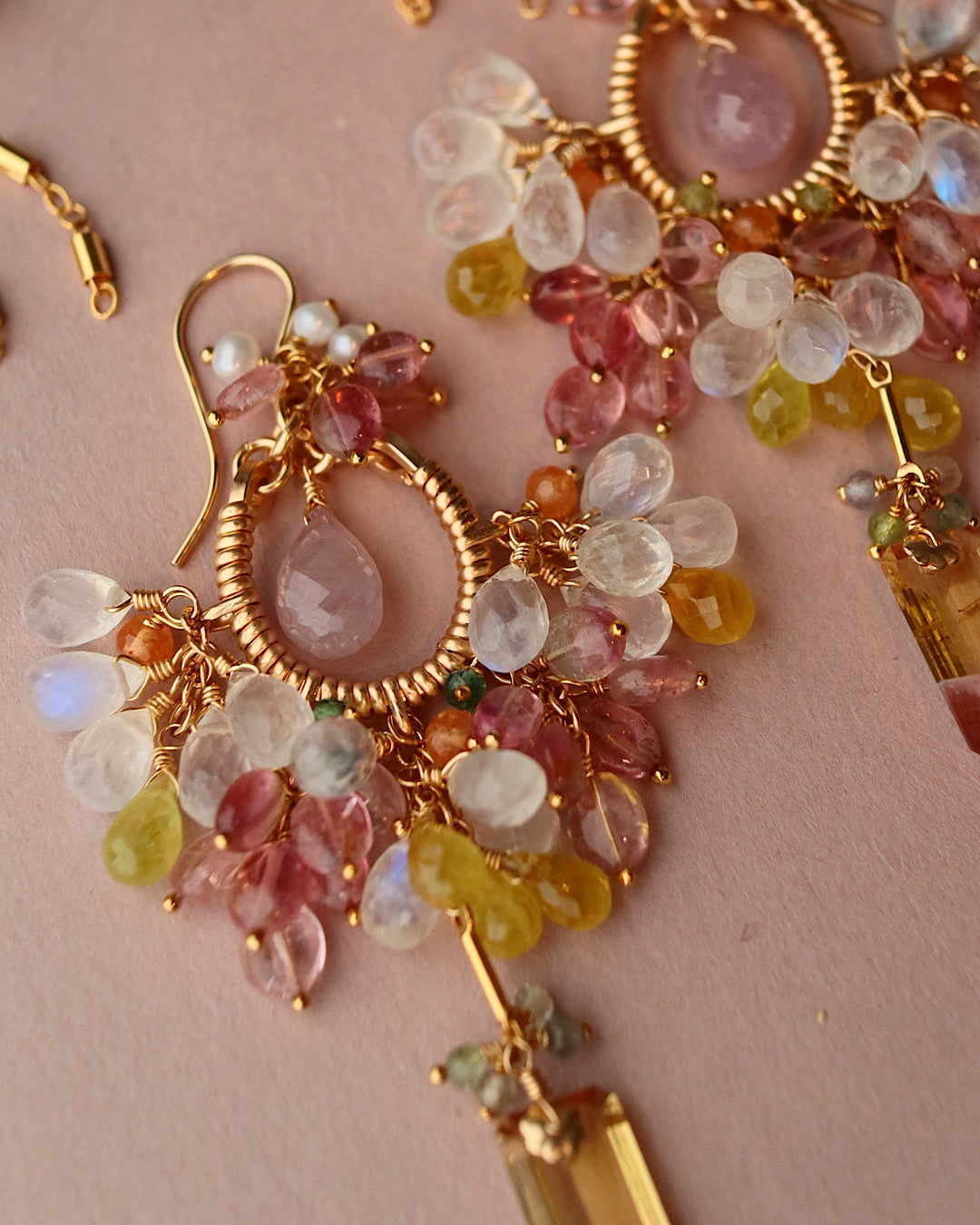 [One-of-a-kind / Round type] Pink x Yellow Bicolor Tourmaline Chandelier Earrings