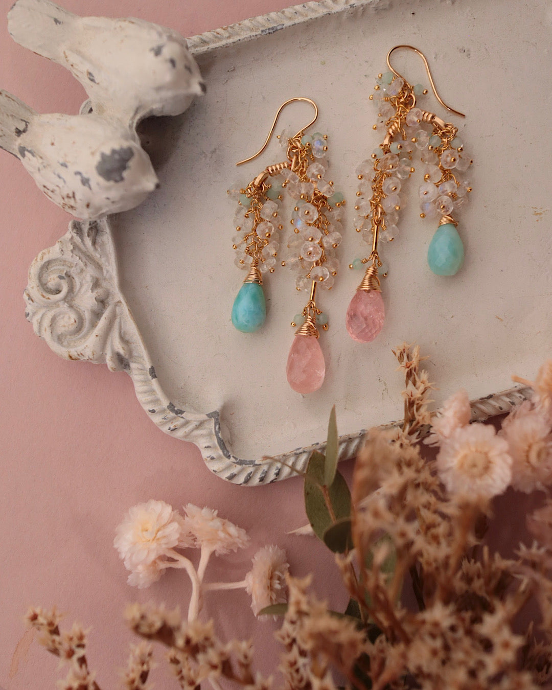 [One-of-a-kind] Morganite and Larimar Long Drop Earrings