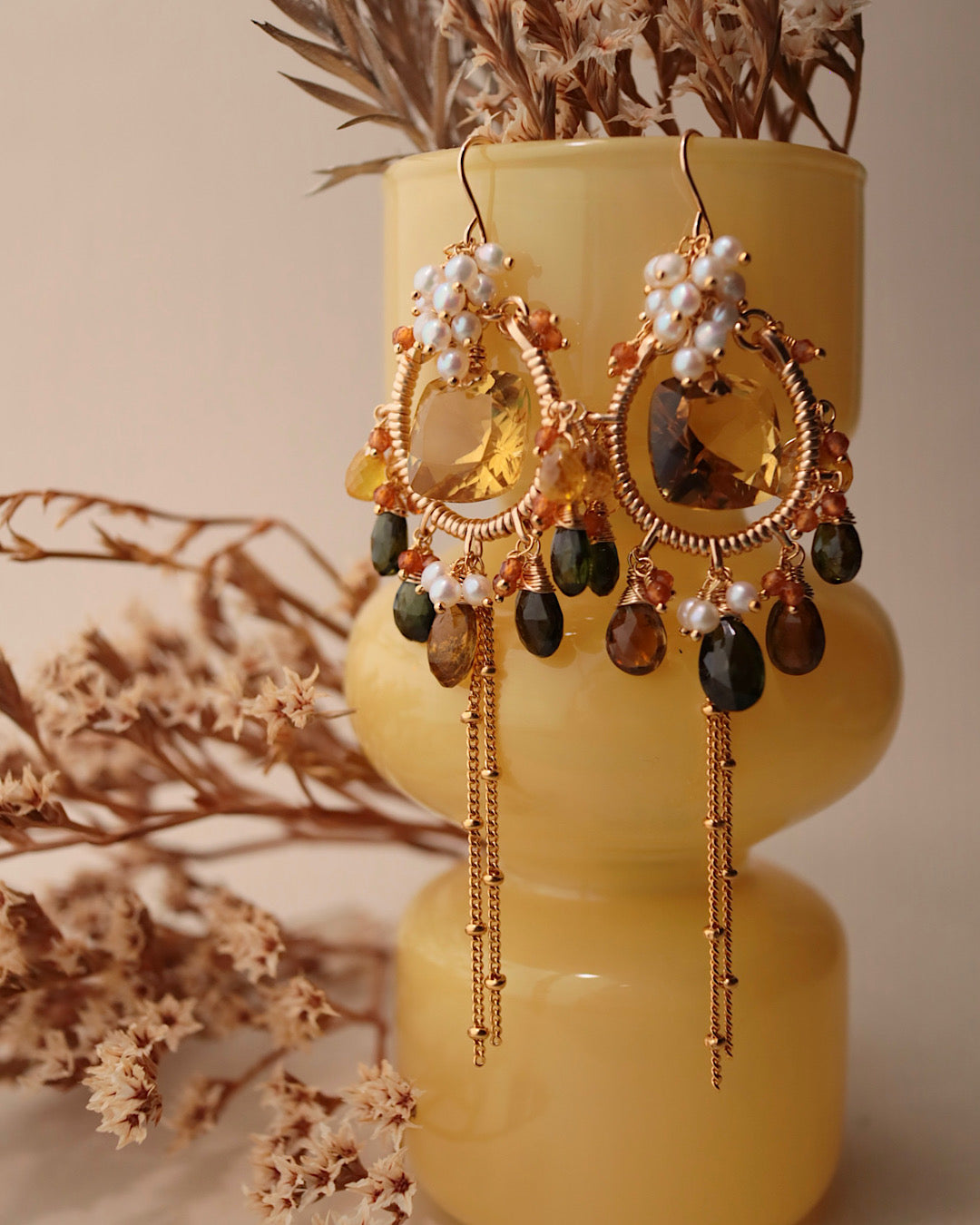 [One-of-a-kind] Lemon Quartz and Tourmaline Chandelier Earrings
