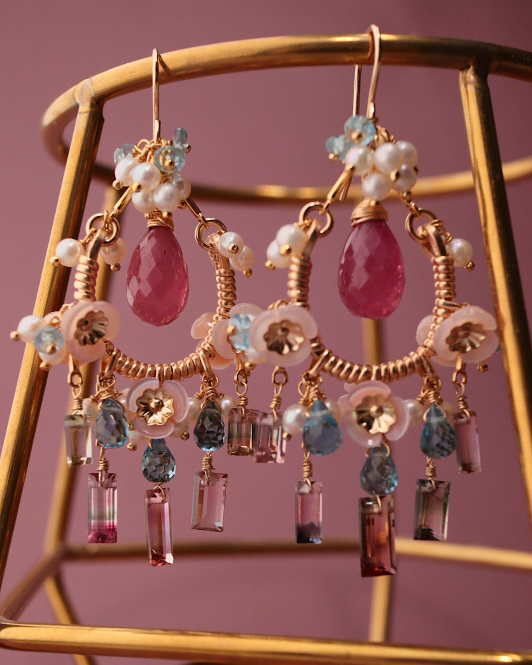 Pink sapphire and bicolor tourmaline chandelier earrings