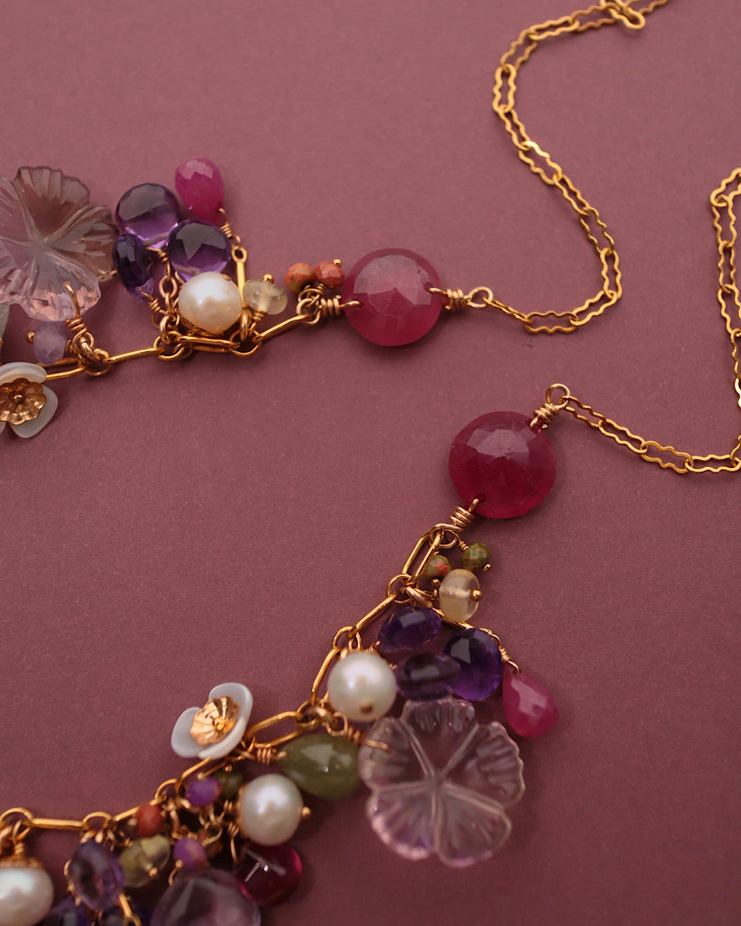 [One-of-a-kind] Pink sapphire and carved ametrine necklace