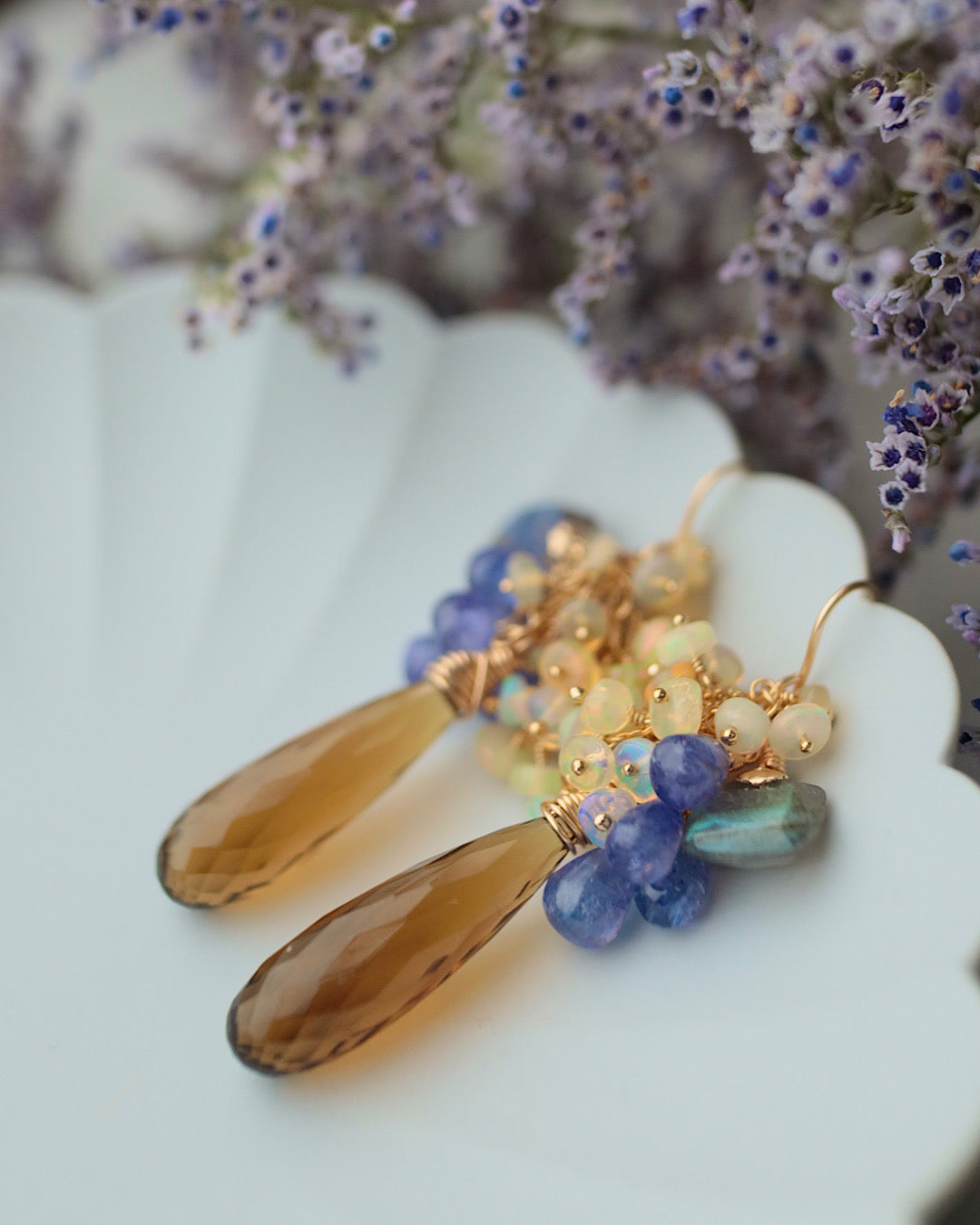 【Aqua Bloom】Tanzanite and Cognac Quartz Earrings
