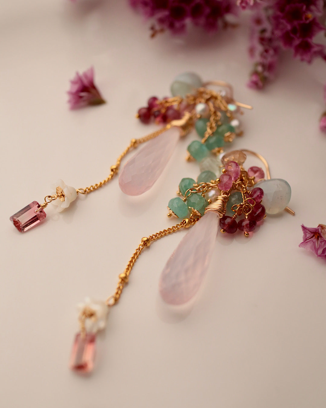 [One-of-a-kind] Pink tourmaline and rose quartz earrings