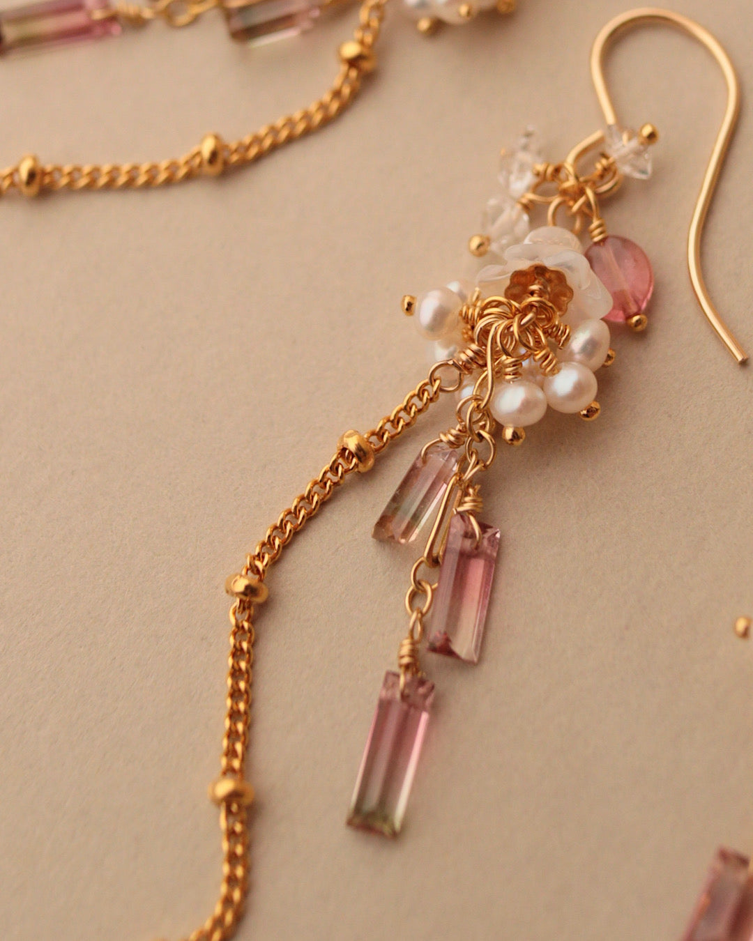 ①[One-of-a-kind]Small tourmaline and freshwater pearl earrings