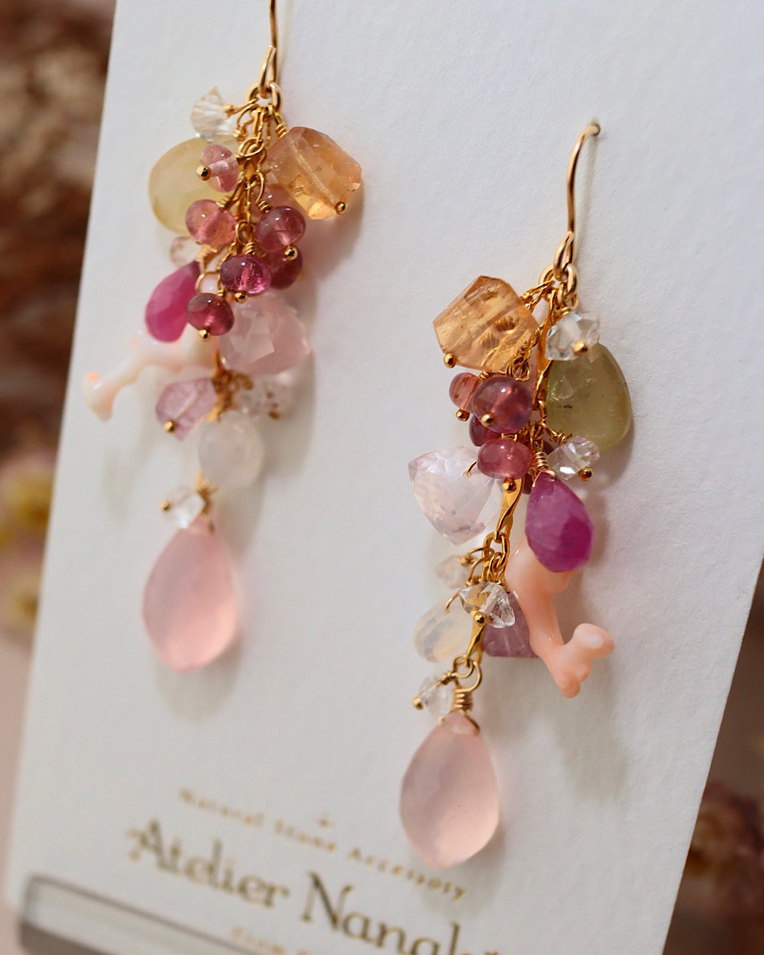 Coral and pink stone long earrings