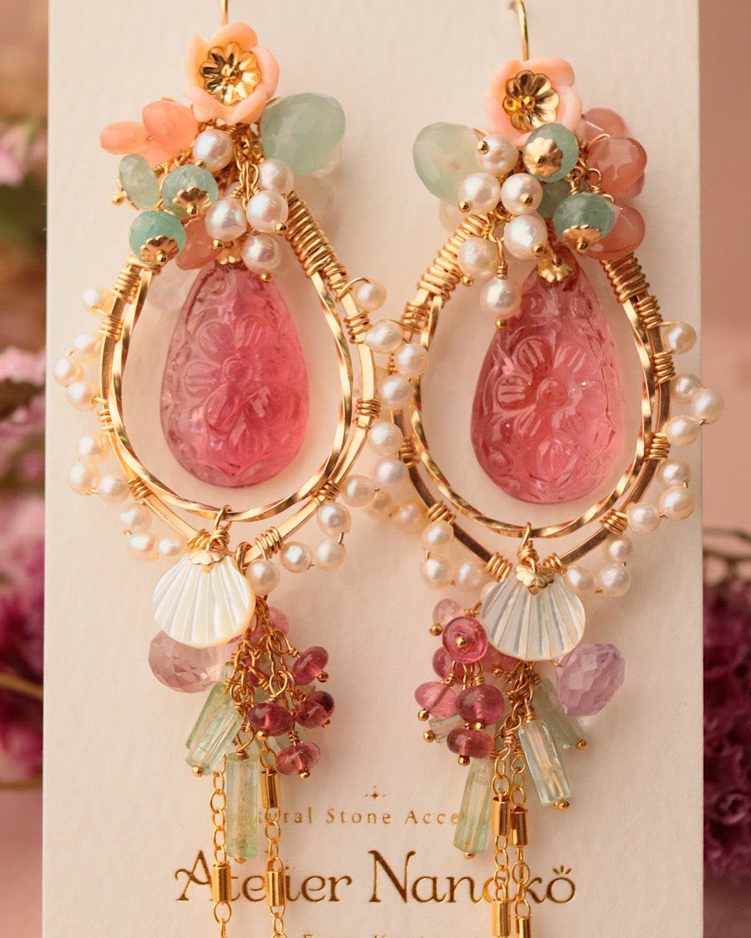 [One-of-a-kind] Flower carving tourmaline chandelier earrings