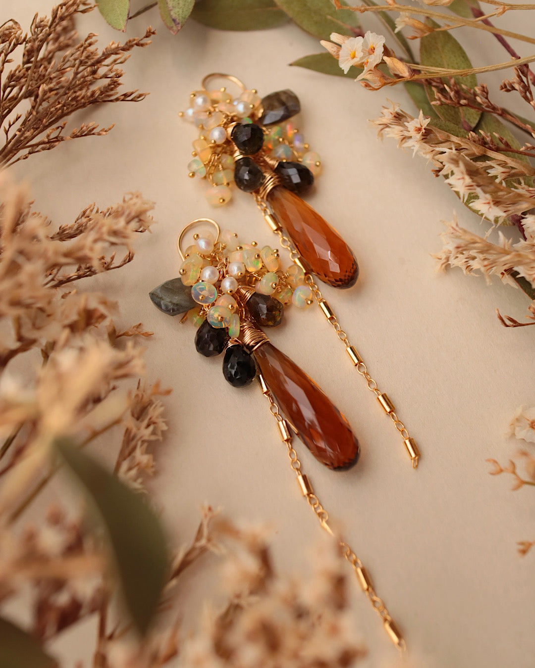 [Moon Shadow] Cognac Quartz Earrings [One-of-a-kind]