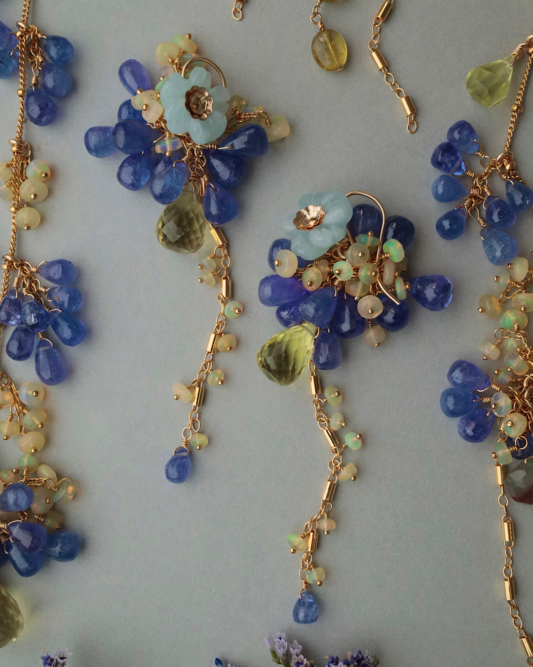 【Aqua Bloom】Aquamarine flower and tanzanite earrings