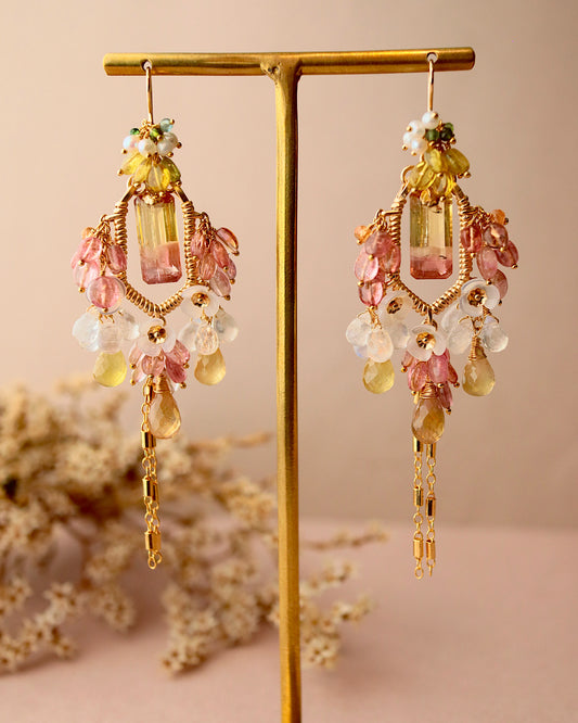 [One-of-a-kind / Hexagon type] Pink x Yellow bicolor tourmaline chandelier earrings