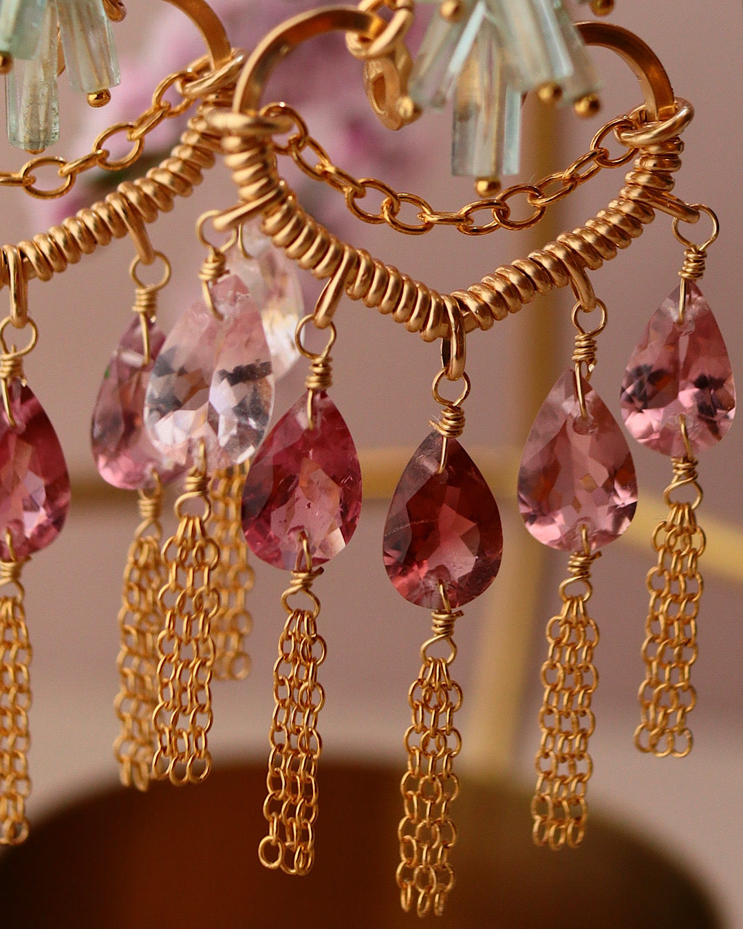 [One of a kind] Pink tourmaline heart chandelier earrings