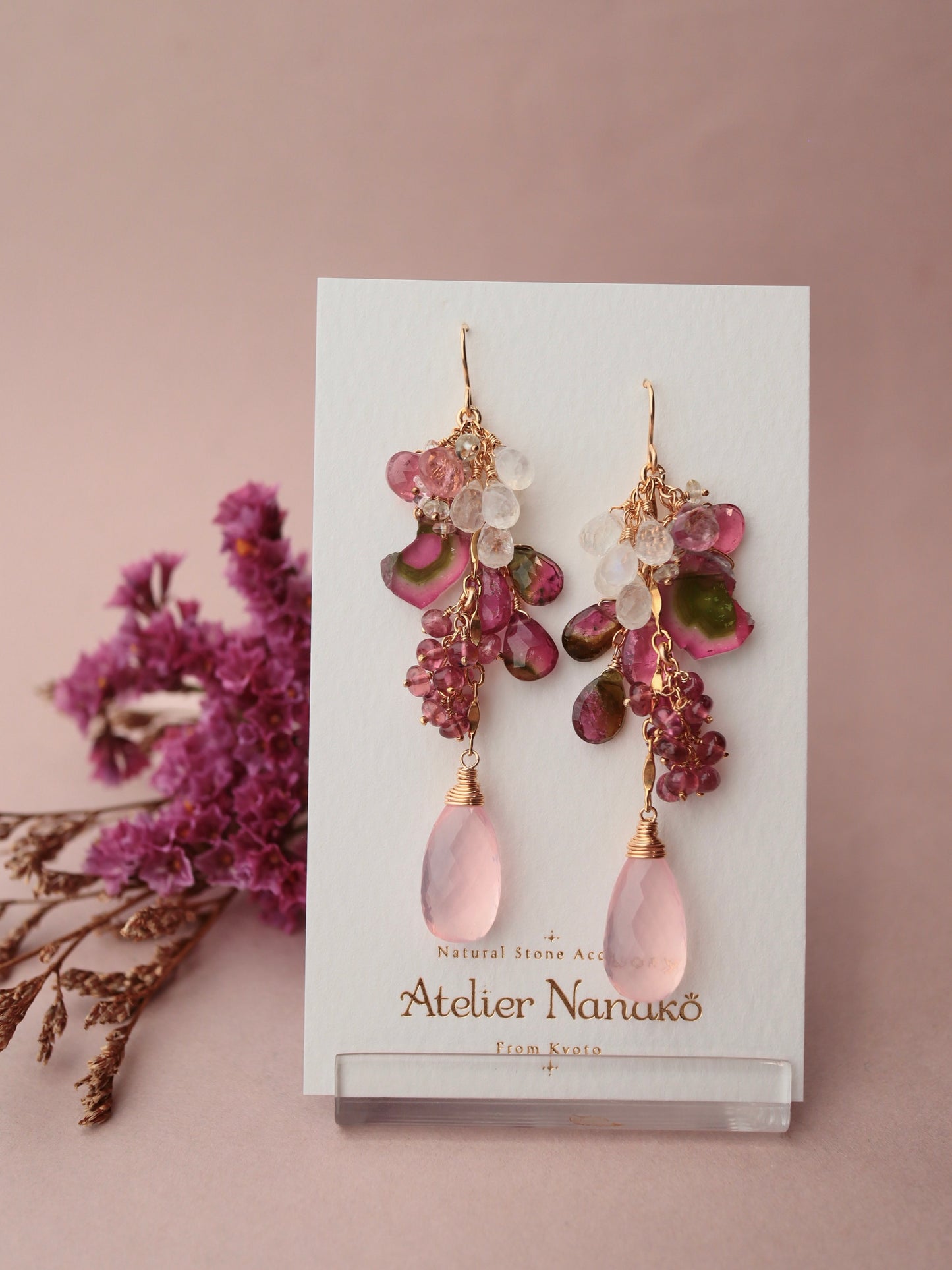 [One of a kind] Watermelon tourmaline and pink stone earrings