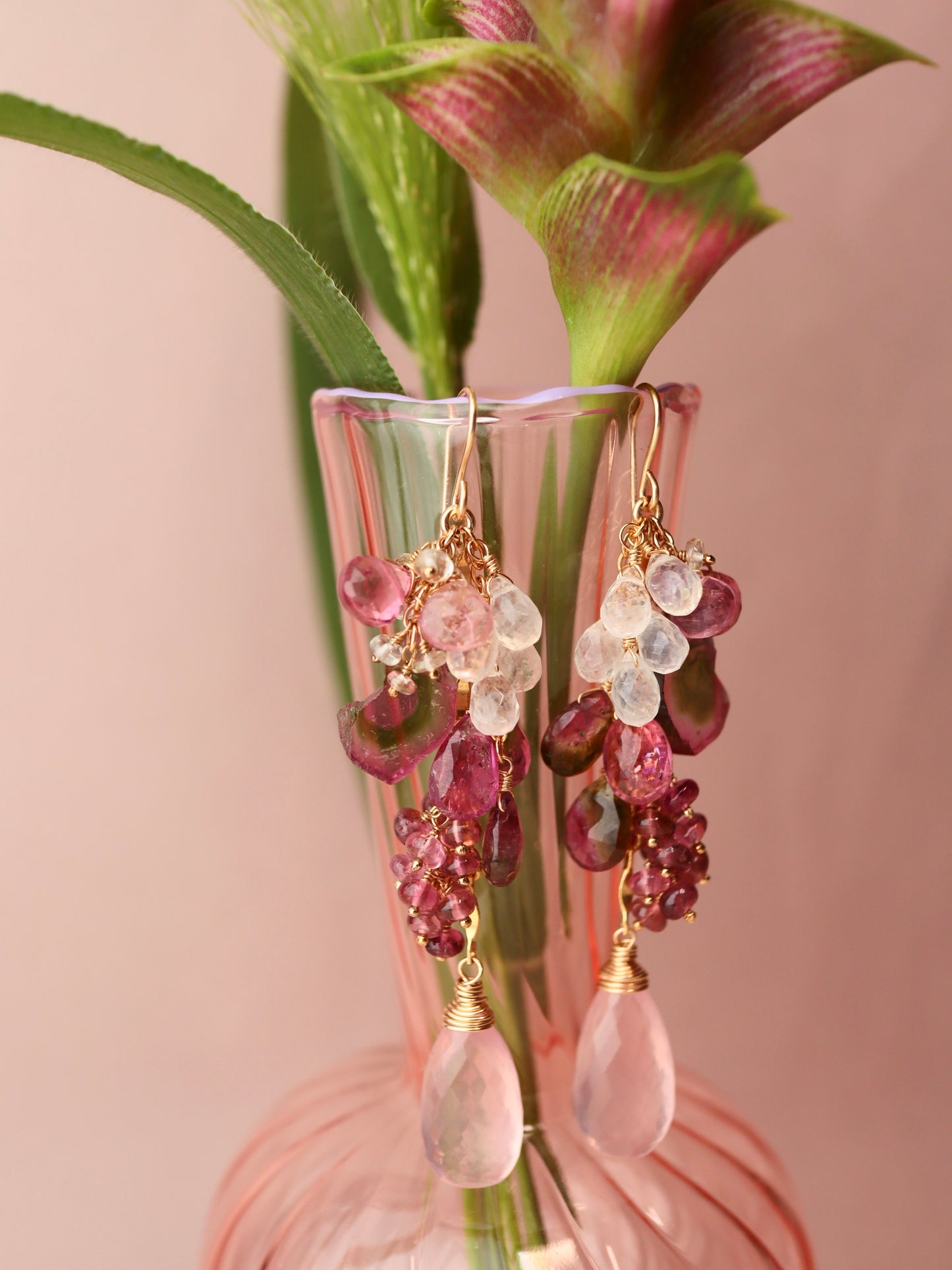 [One of a kind] Watermelon tourmaline and pink stone earrings