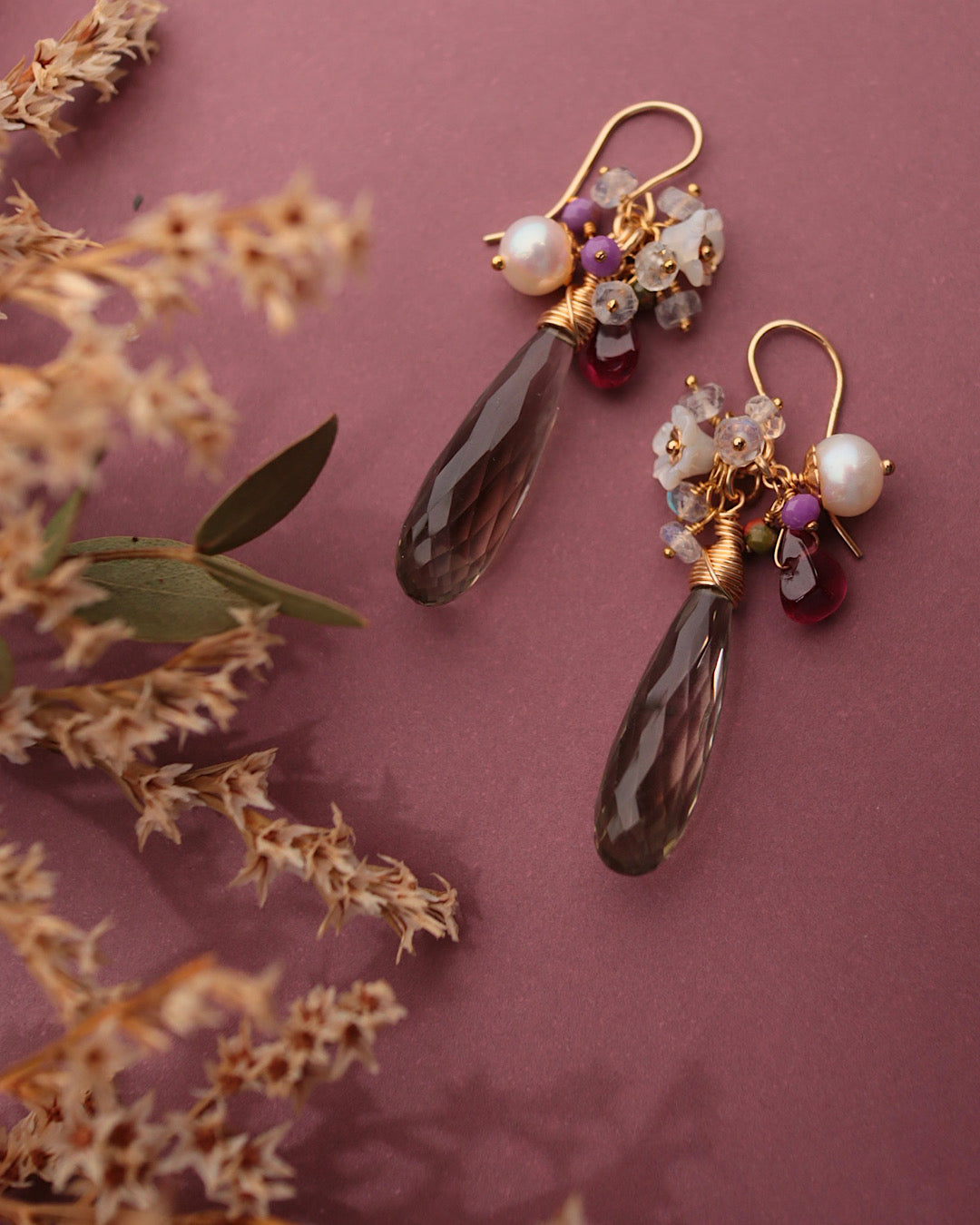Green amethyst and garnet earrings/clip-on earrings