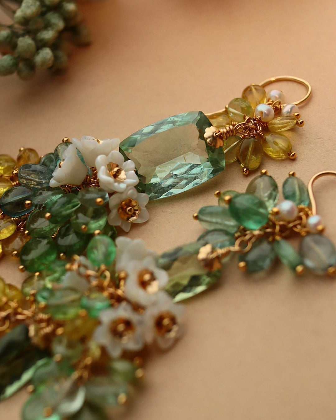 Green Tourmaline Asymmetrical Chandelier Earrings with Multi-Color Tourmaline and Pearl Flower