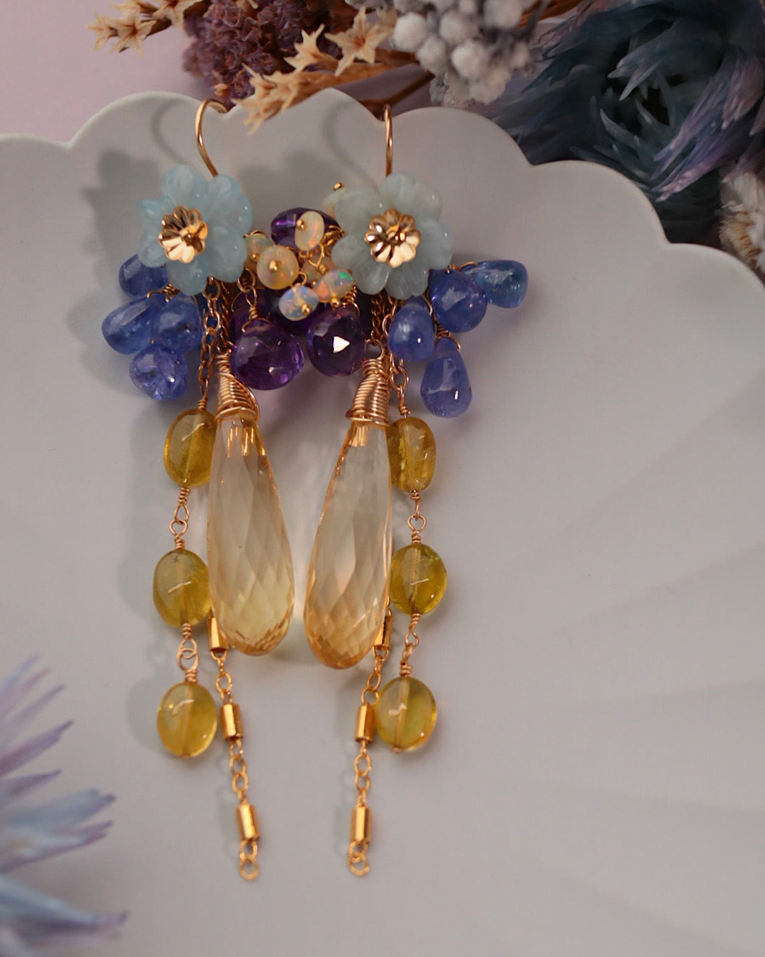 Citrine and Aquamarine Flower Earrings [One-of-a-kind]
