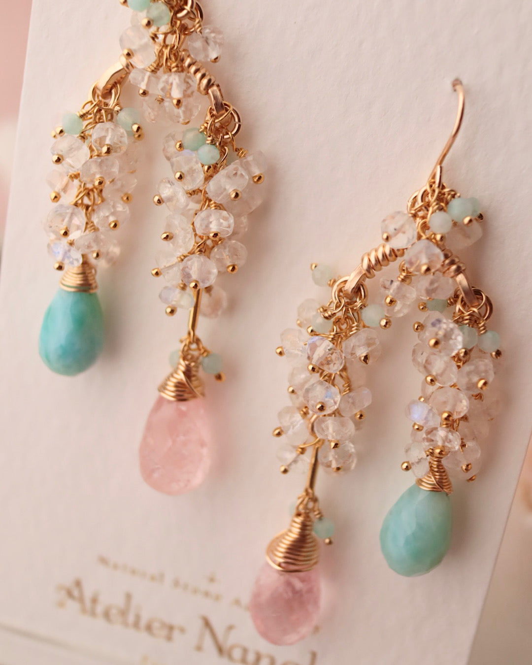 [One-of-a-kind] Morganite and Larimar Long Drop Earrings