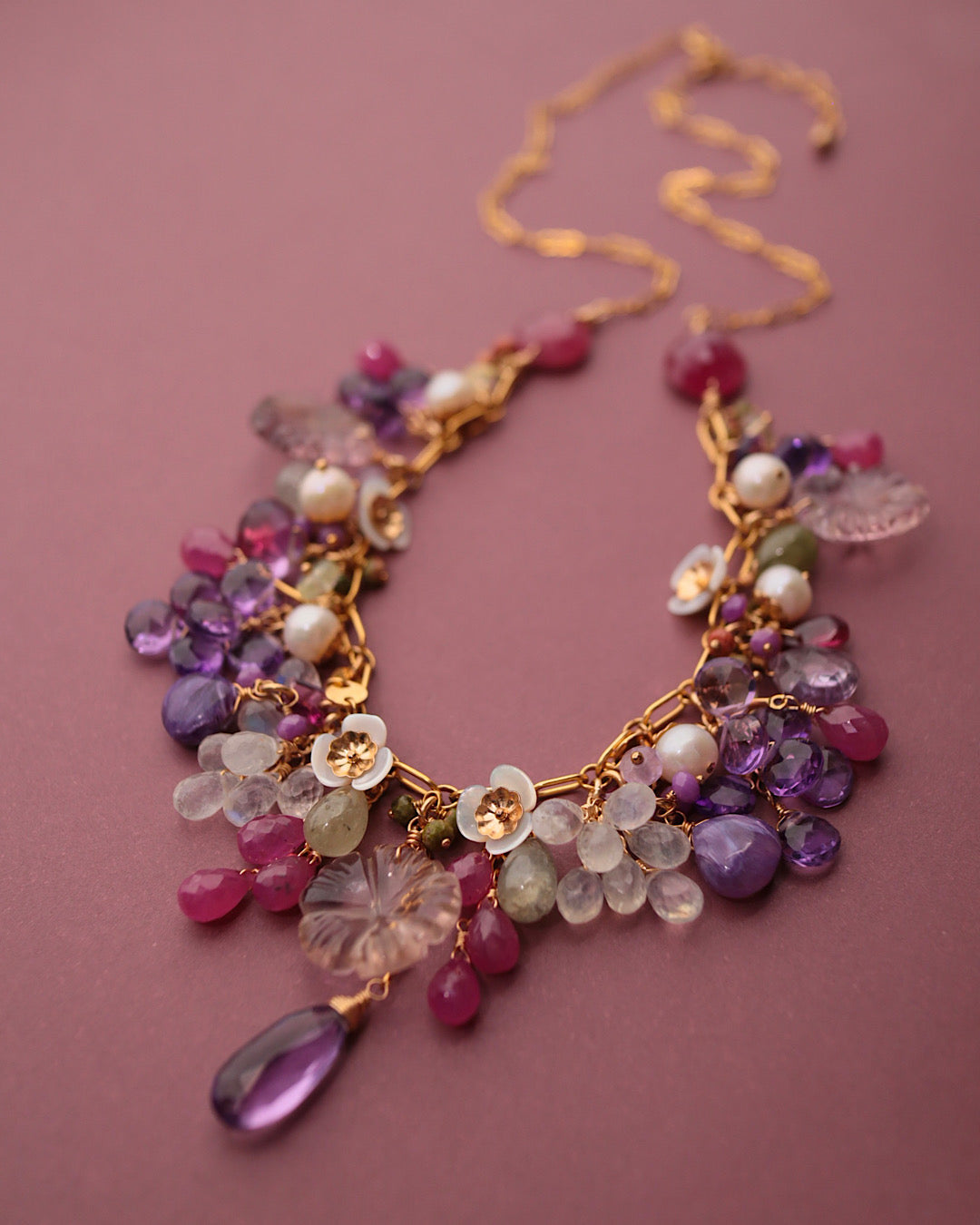 [One-of-a-kind] Pink sapphire and carved ametrine necklace
