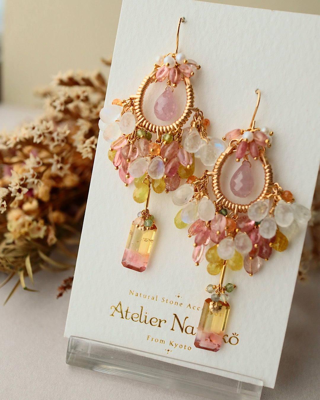 [One-of-a-kind / Round type] Pink x Yellow Bicolor Tourmaline Chandelier Earrings