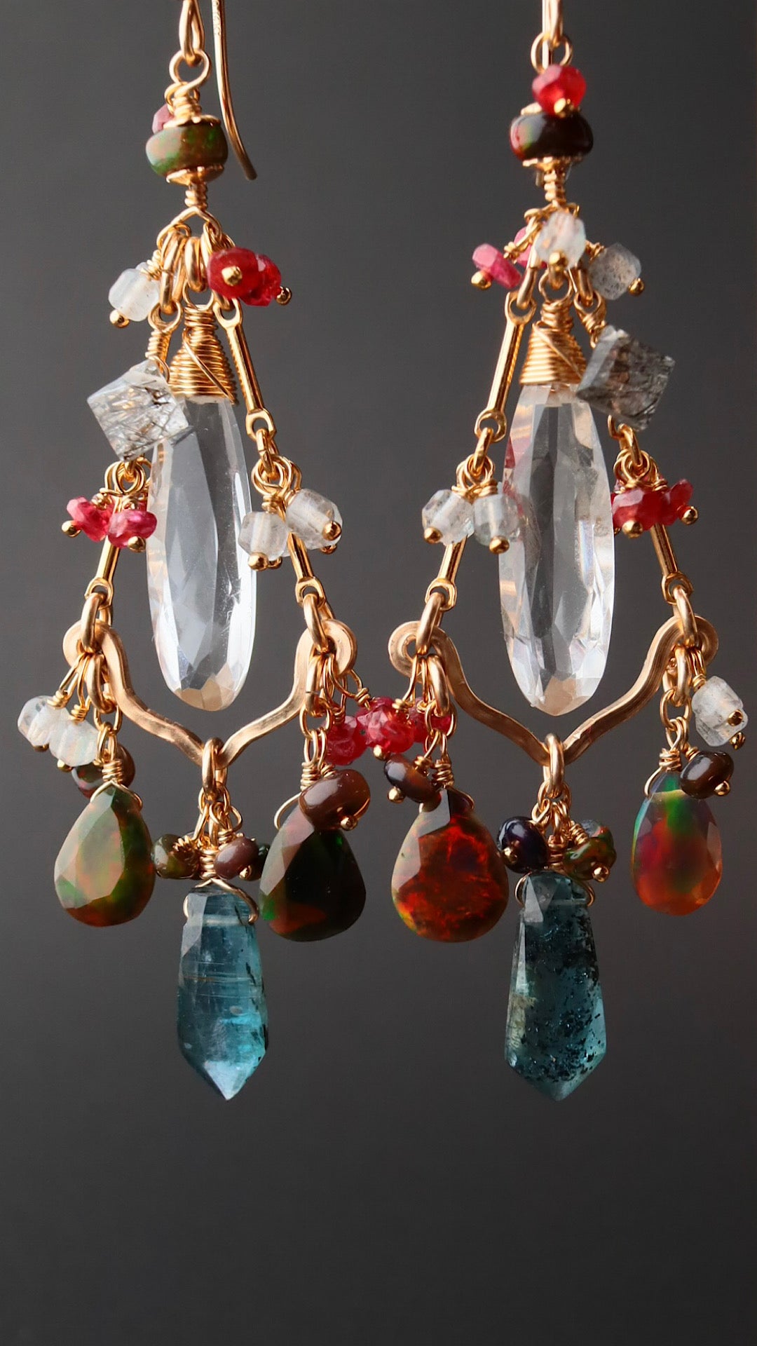 (One of a kind: glittering opal)[The Lady with the Black Eyepatch] Black opal and deep blue kyanite chandelier earrings