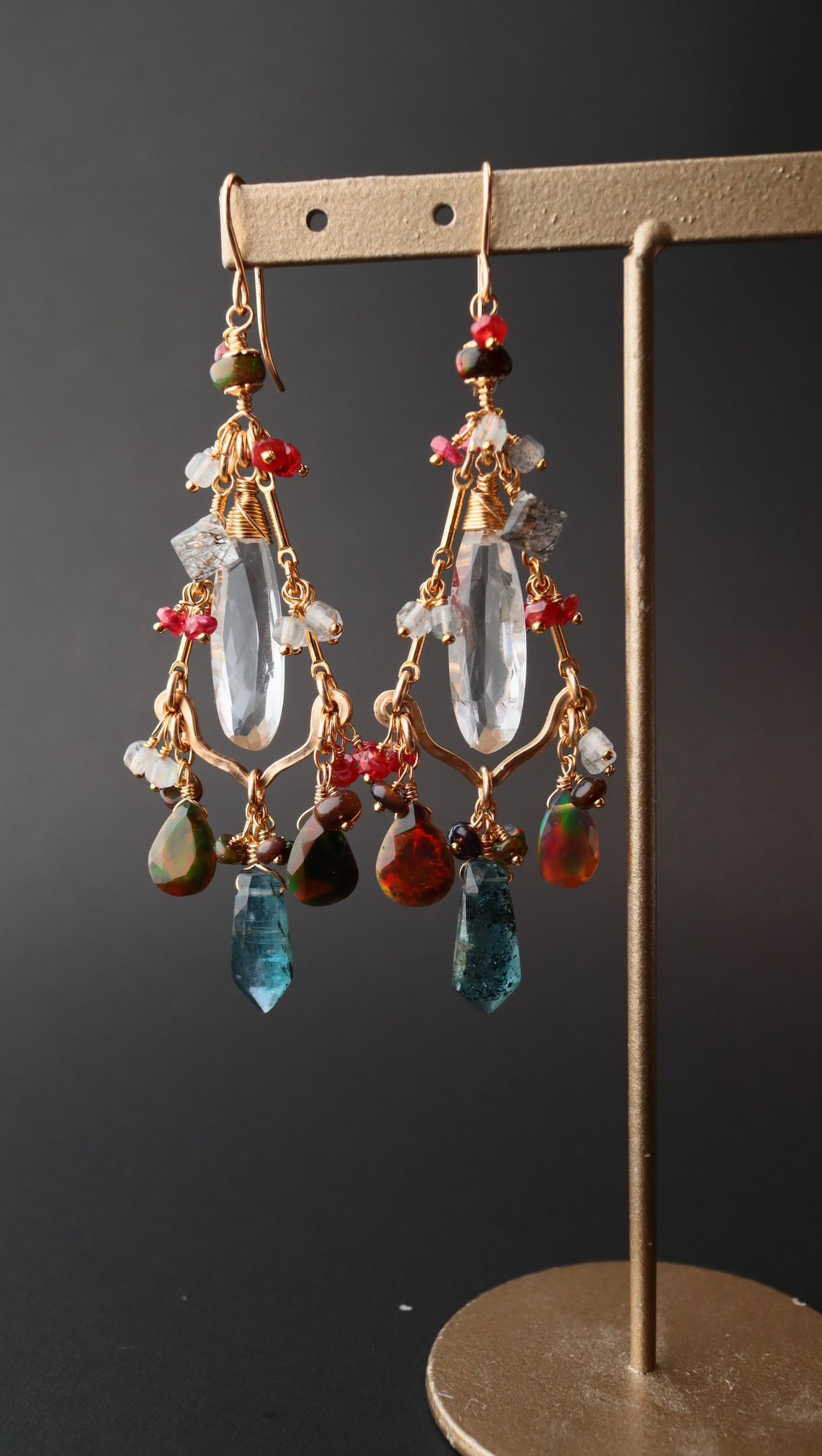 (One of a kind: glittering opal)[The Lady with the Black Eyepatch] Black opal and deep blue kyanite chandelier earrings