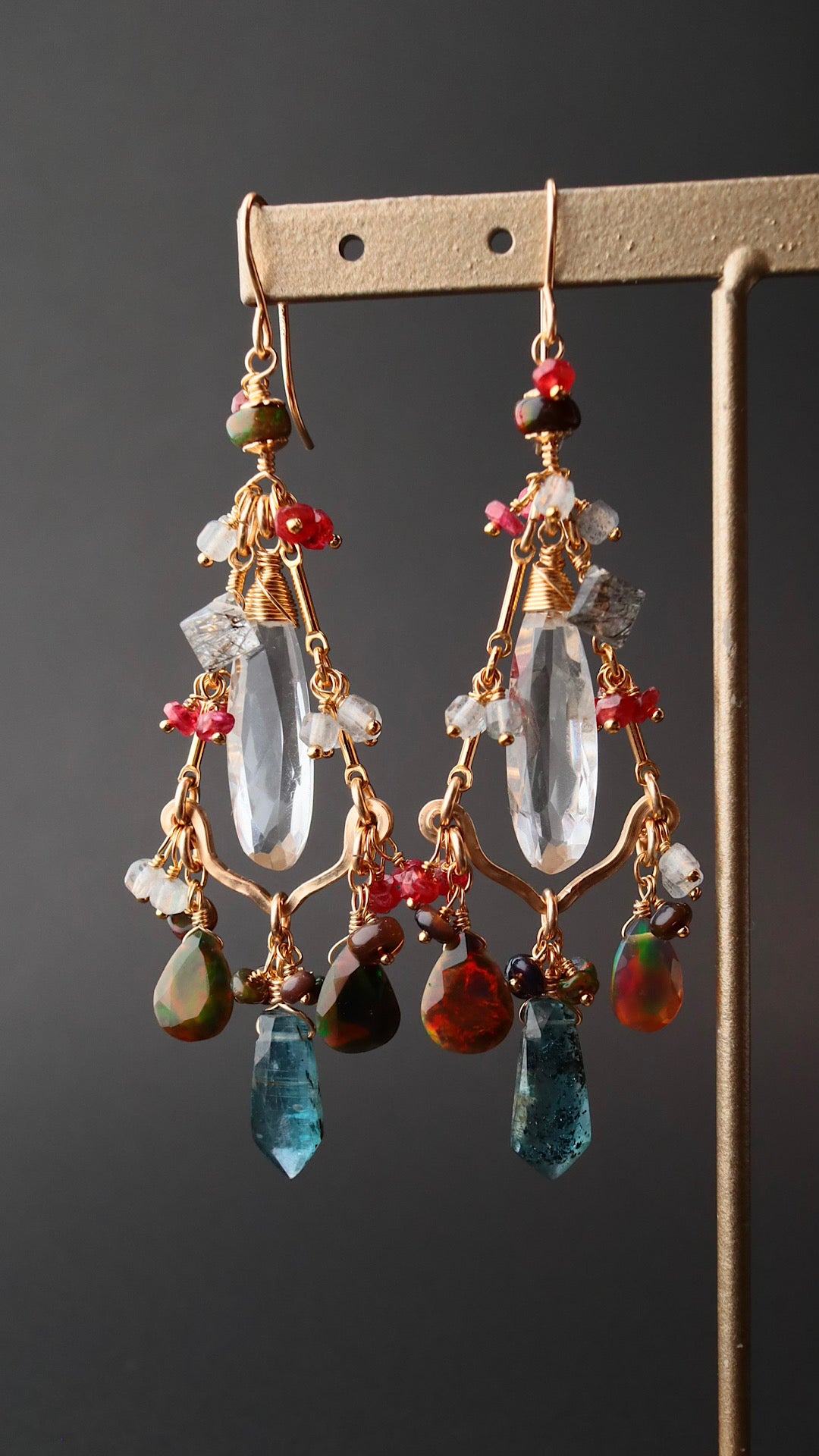 (One of a kind: glittering opal)[The Lady with the Black Eyepatch] Black opal and deep blue kyanite chandelier earrings