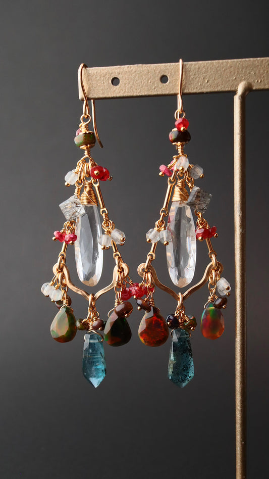 (One of a kind: glittering opal)[The Lady with the Black Eyepatch] Black opal and deep blue kyanite chandelier earrings