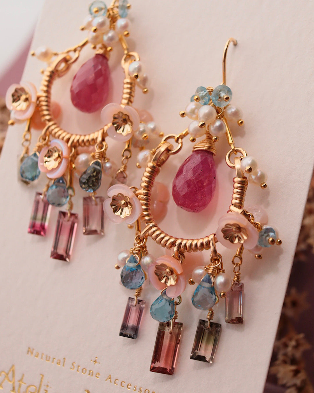 Pink sapphire and bicolor tourmaline chandelier earrings