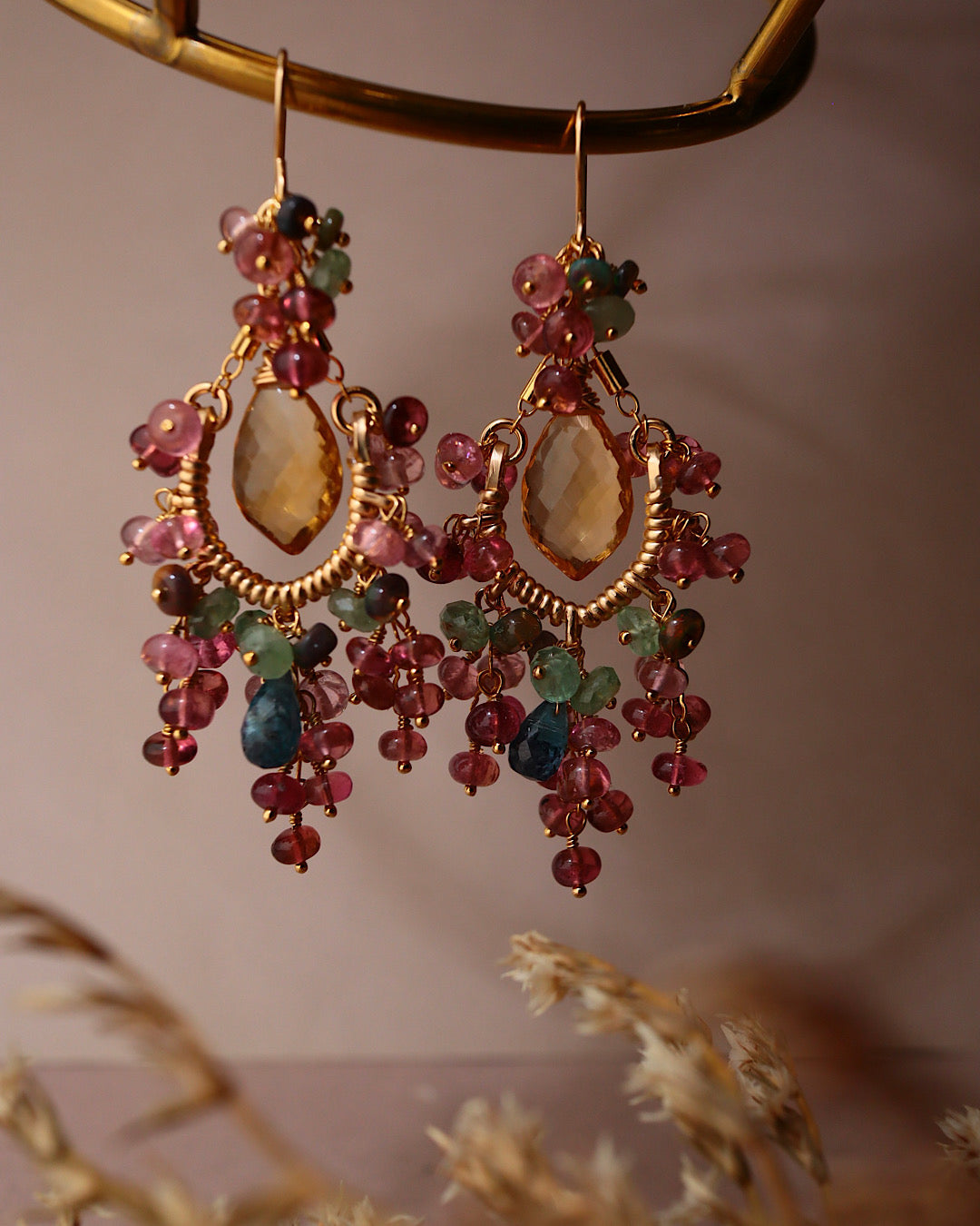 [Plants and flowers waiting for spring] Citrine and pink tourmaline chandelier earrings